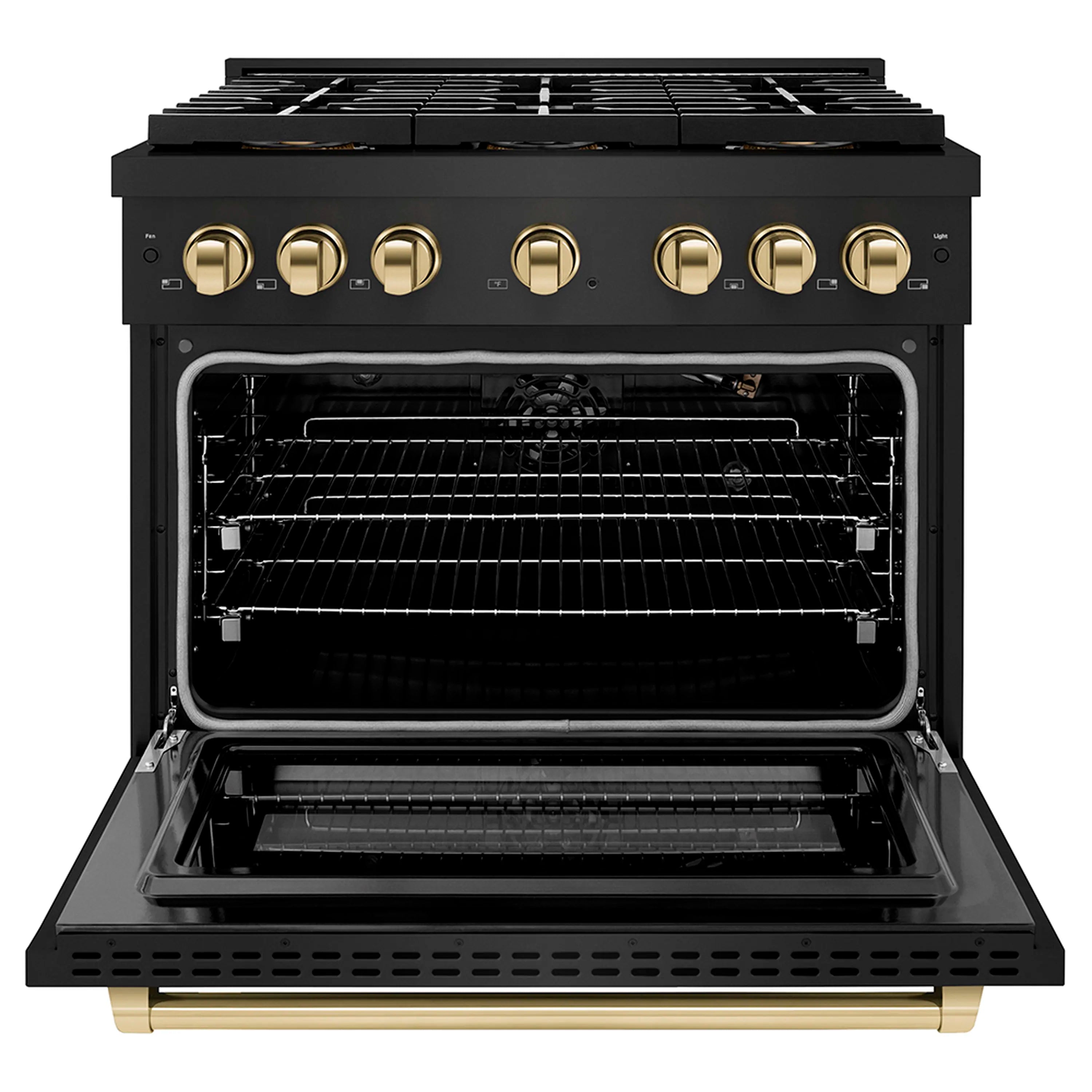 Gas range with open oven door showing convection oven interior