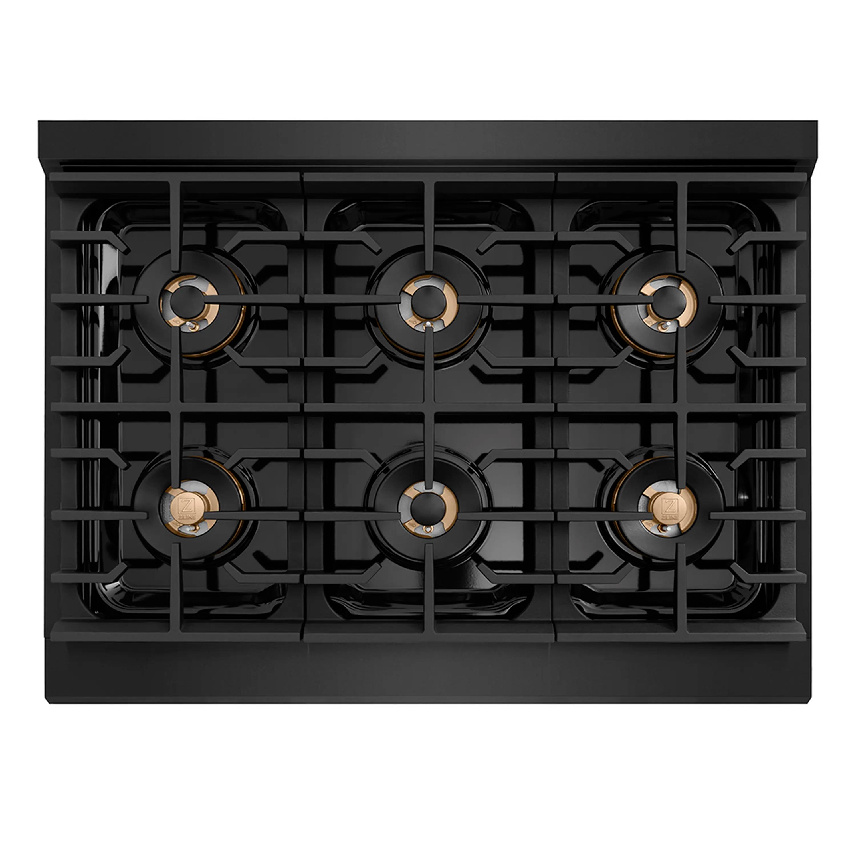 Black gas cooktop with six burners and gold-trimmed caps