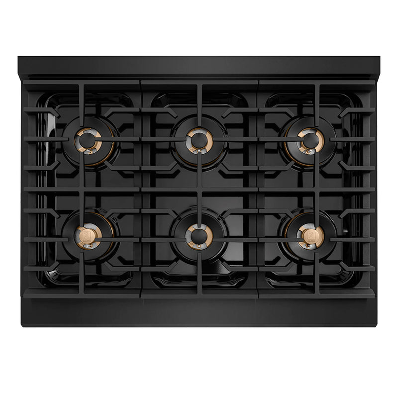 ZLINE Autograph Edition 36-Inch 5.2 cu. ft. Paramount Gas Range with 6 Burner DuoPro™ Cooktop and Convection Gas Oven in Black Stainless Steel and Polished Gold Accents (PSGRBZ-36-G)