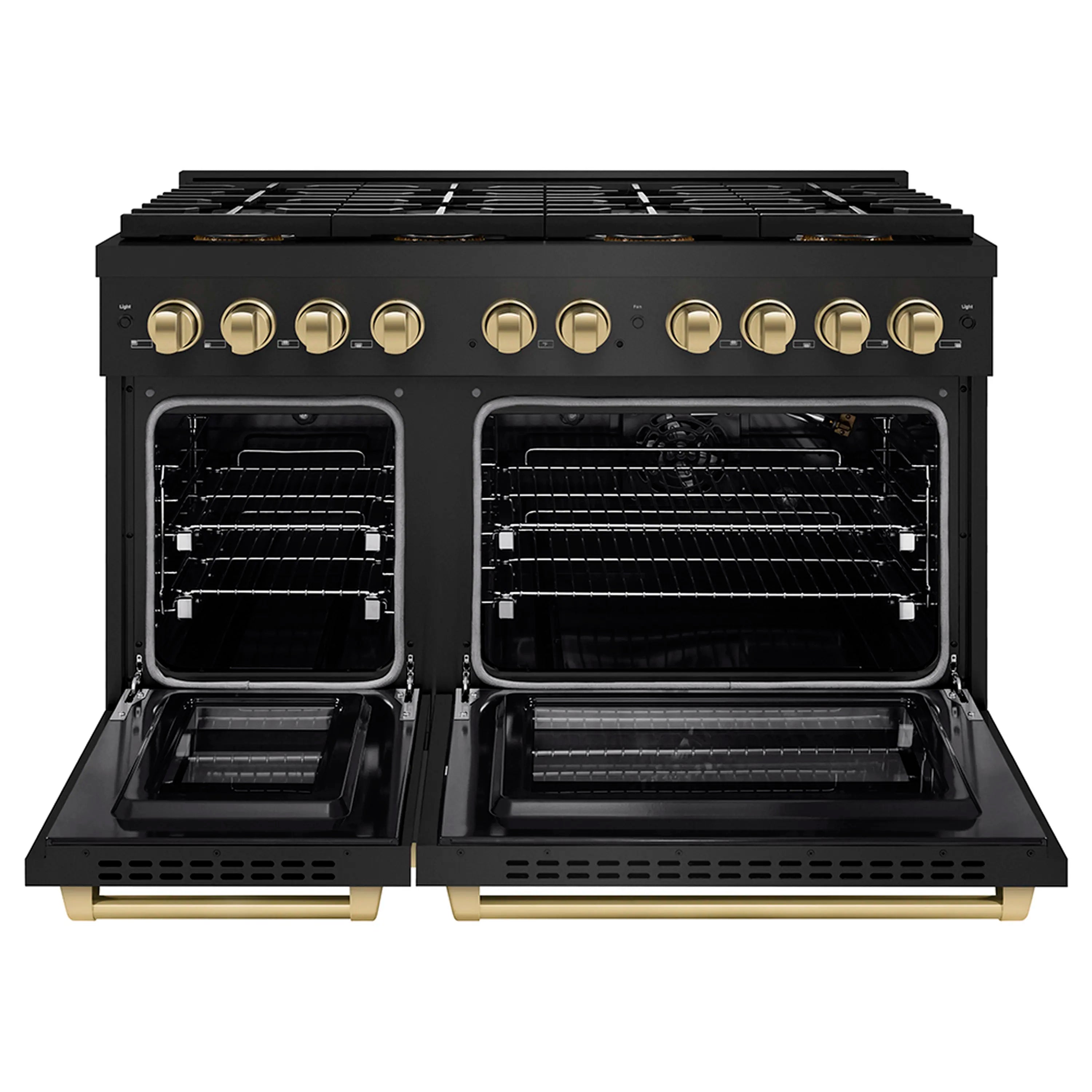 Front view of open dual ovens with racks and black door panels on black gas range