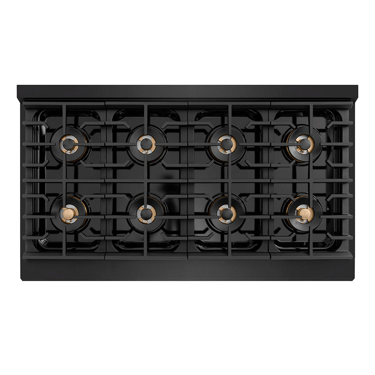Back panel of gas cooktop with eight burners and champagne bronze igniter rings