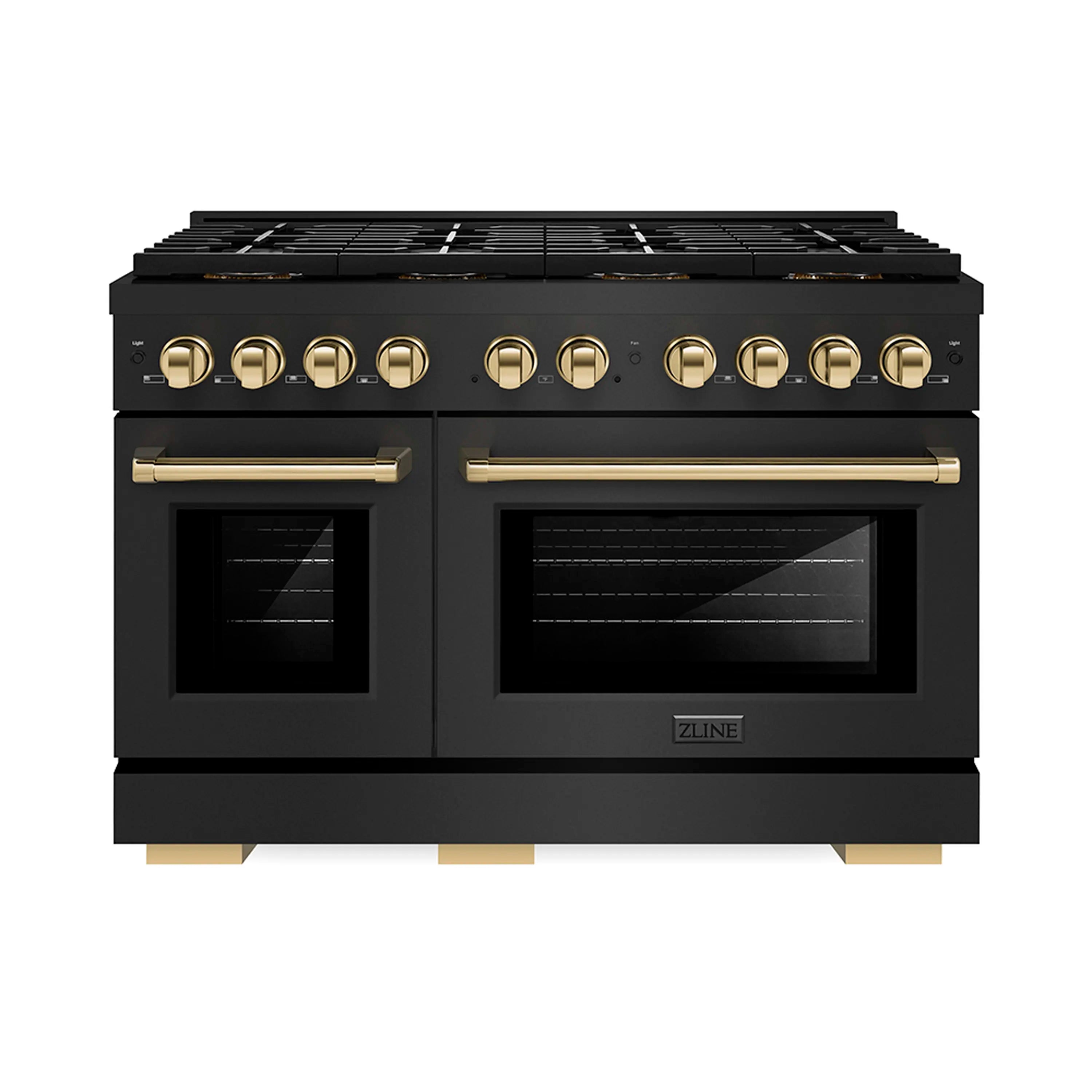 Black stainless gas range with dual oven doors and gold knob accents