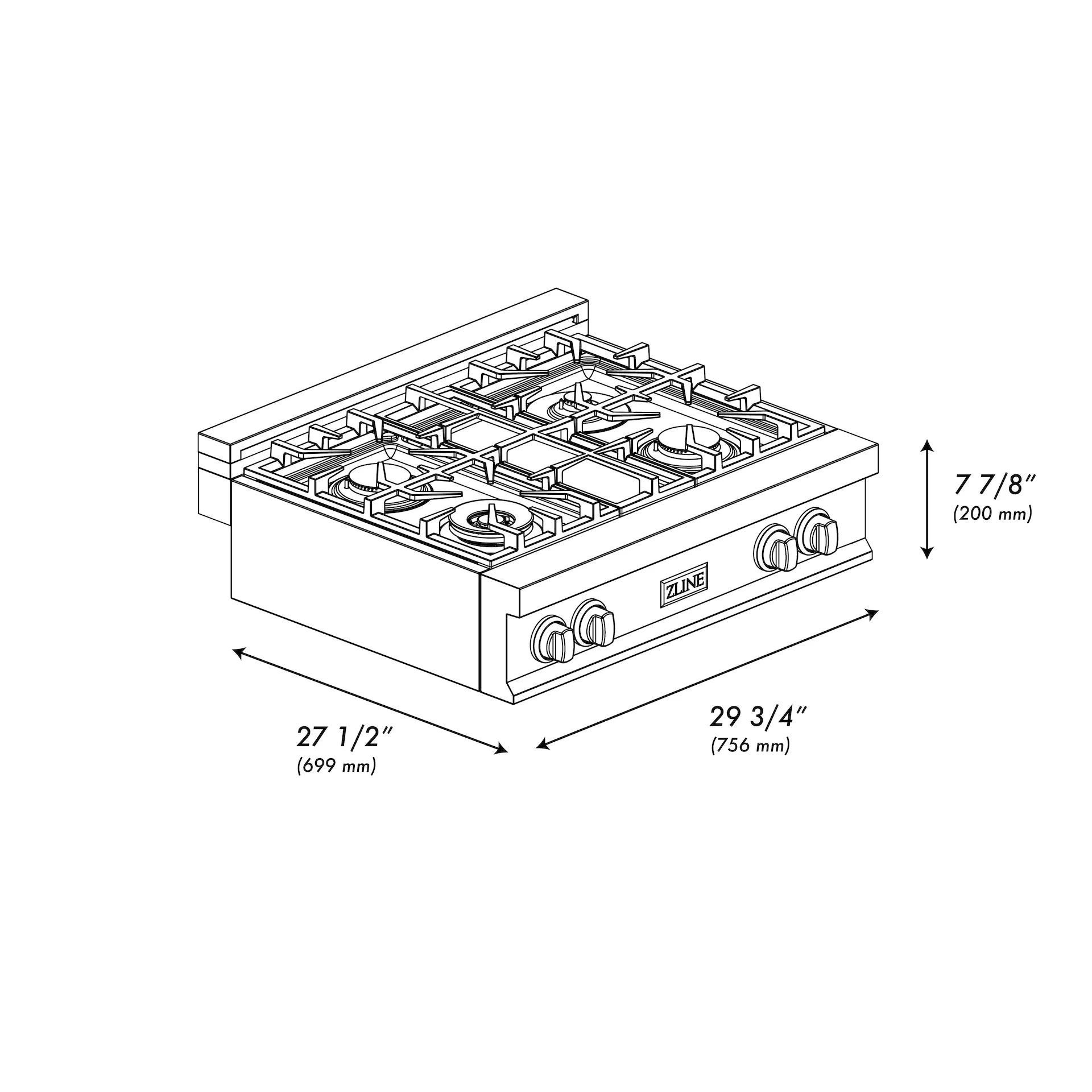 Black 4-burner gas rangetop dimensions diagram with side control knobs