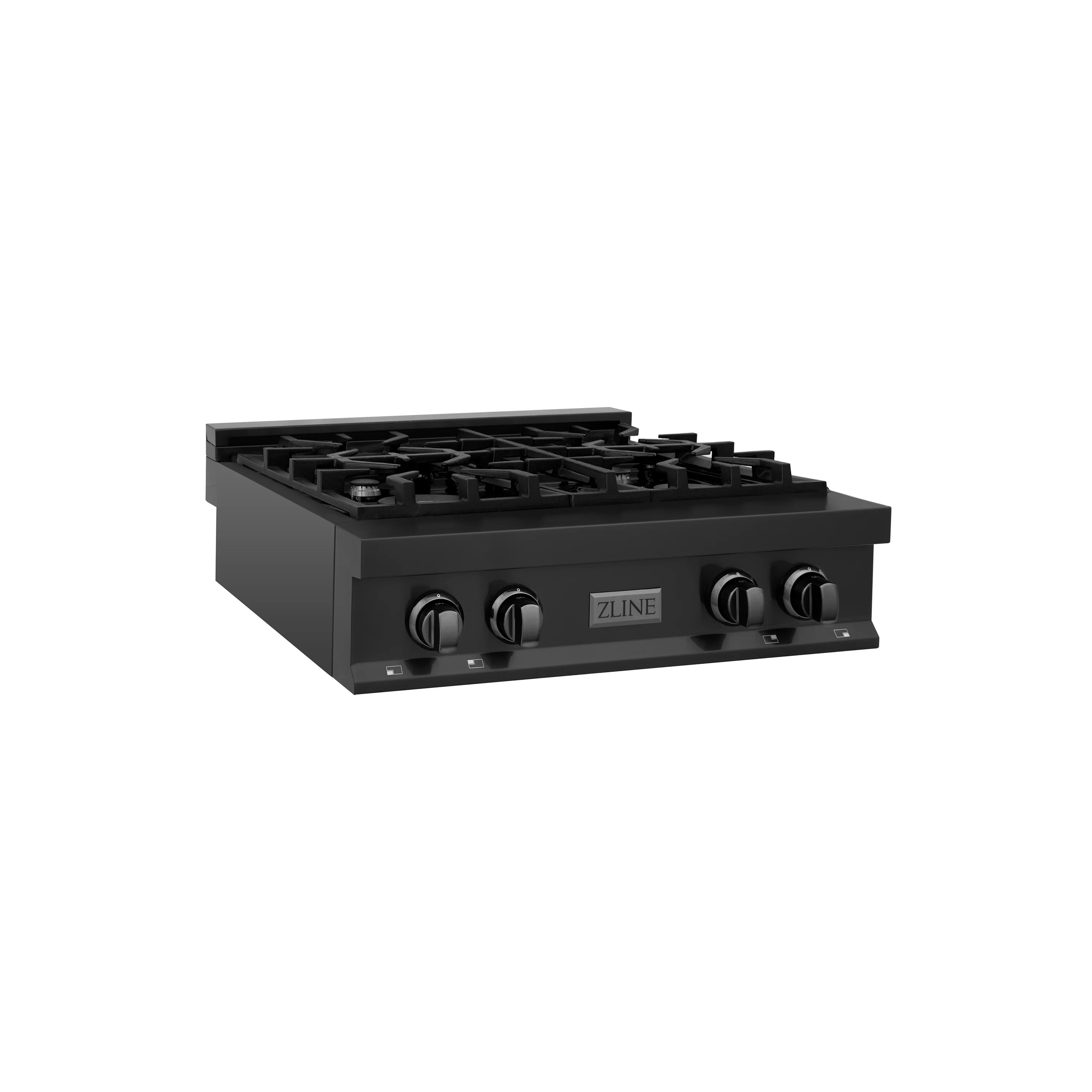 Black gas rangetop with four cast-iron grates and four control knobs