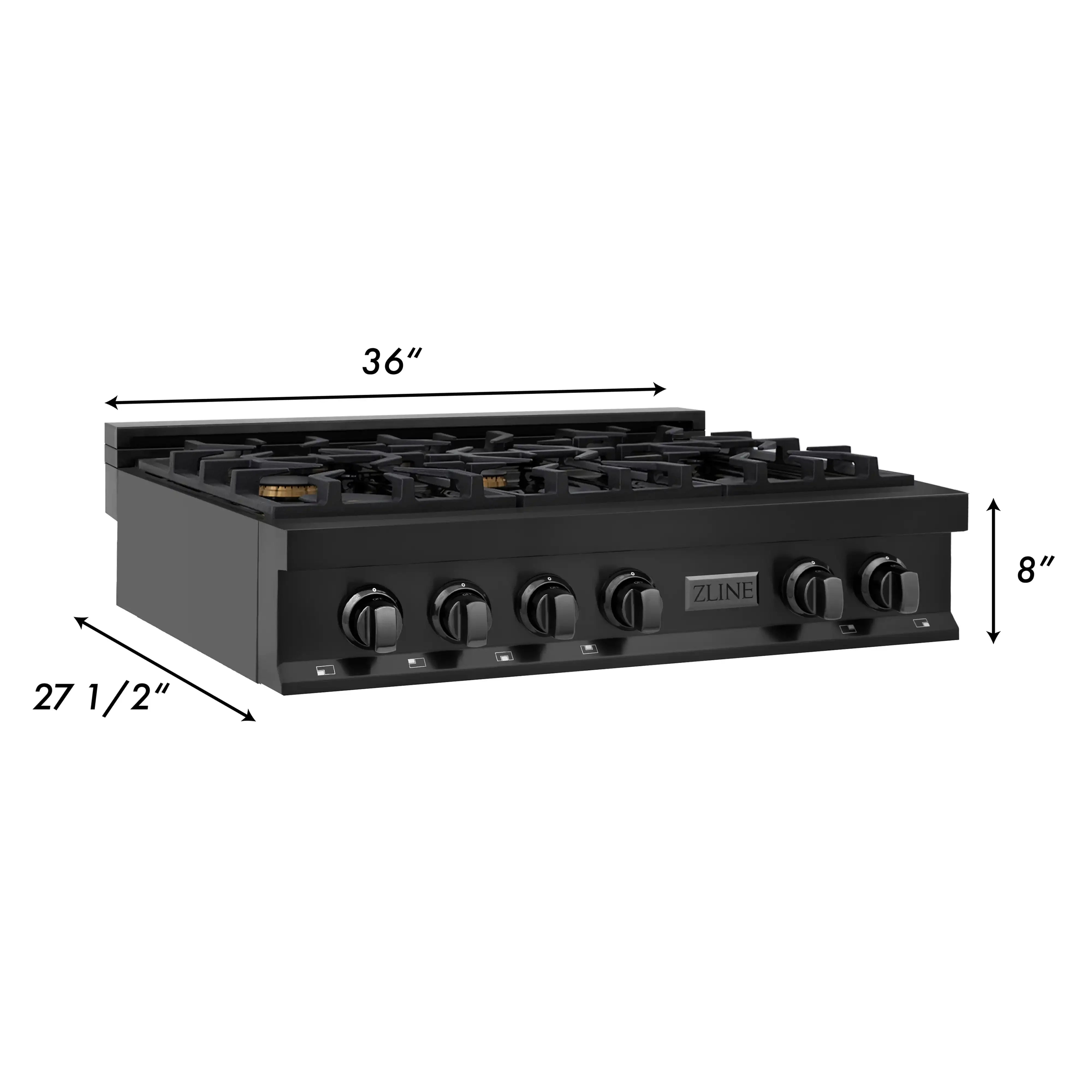 36-inch black gas rangetop with six burners; size shown as 27 1/2 in by 8 in