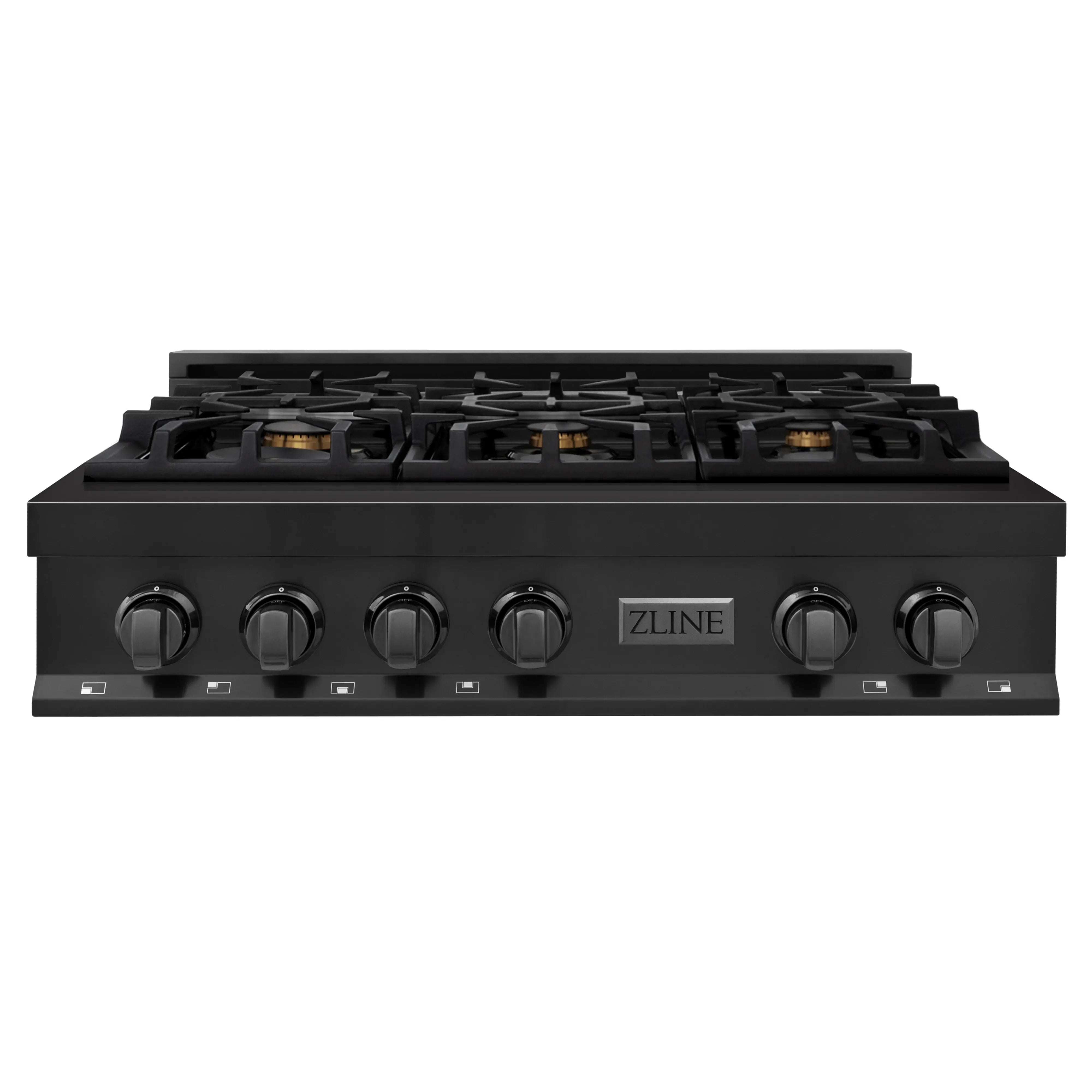 Black 36-inch gas rangetop with six burners, grates, and front control knobs