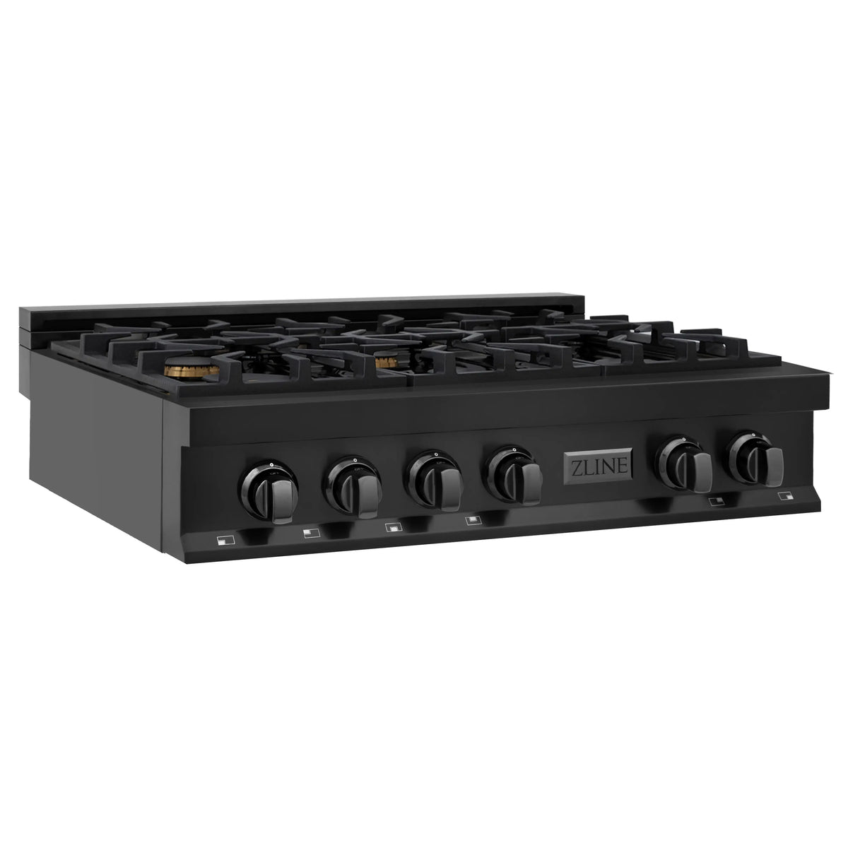 Black gas rangetop with burner grates and front control knobs, side perspective