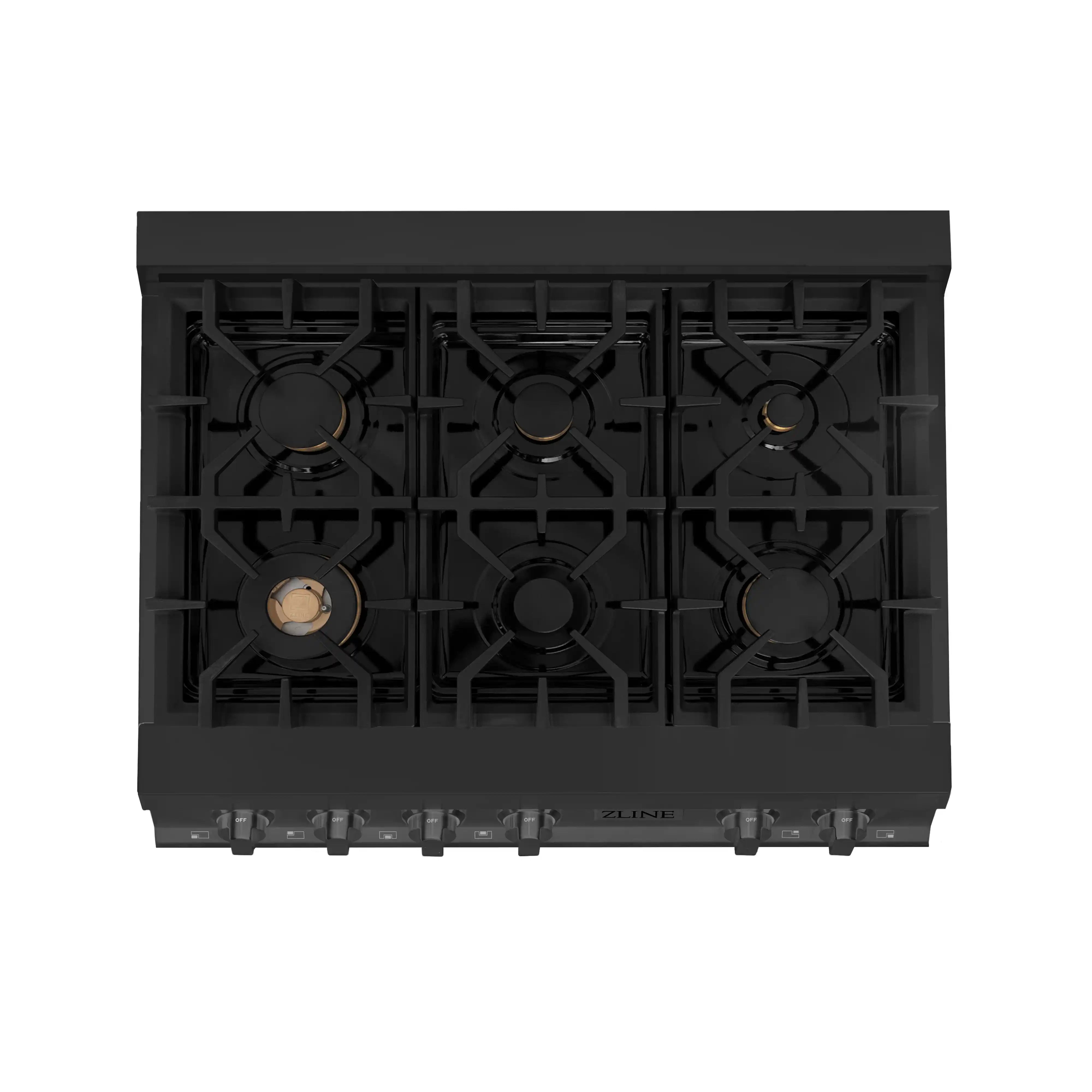 Underside view of black gas rangetop showing six-burner layout and support frame