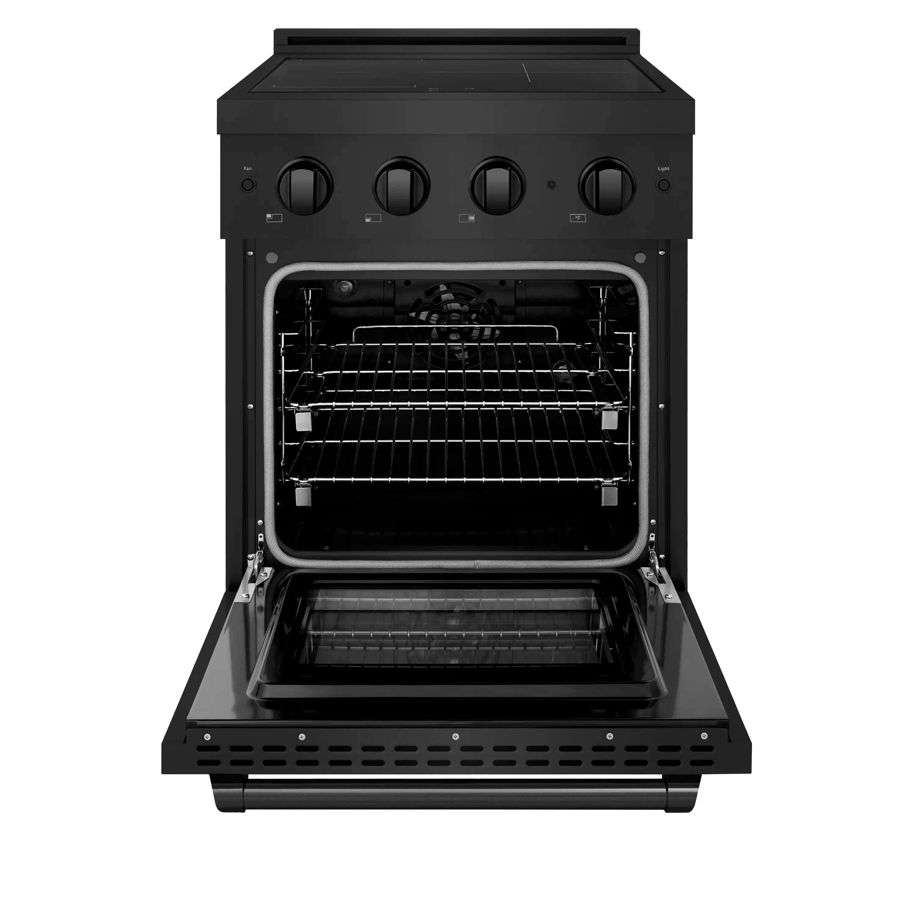 Black electric convection oven with door open and wire oven rack inside