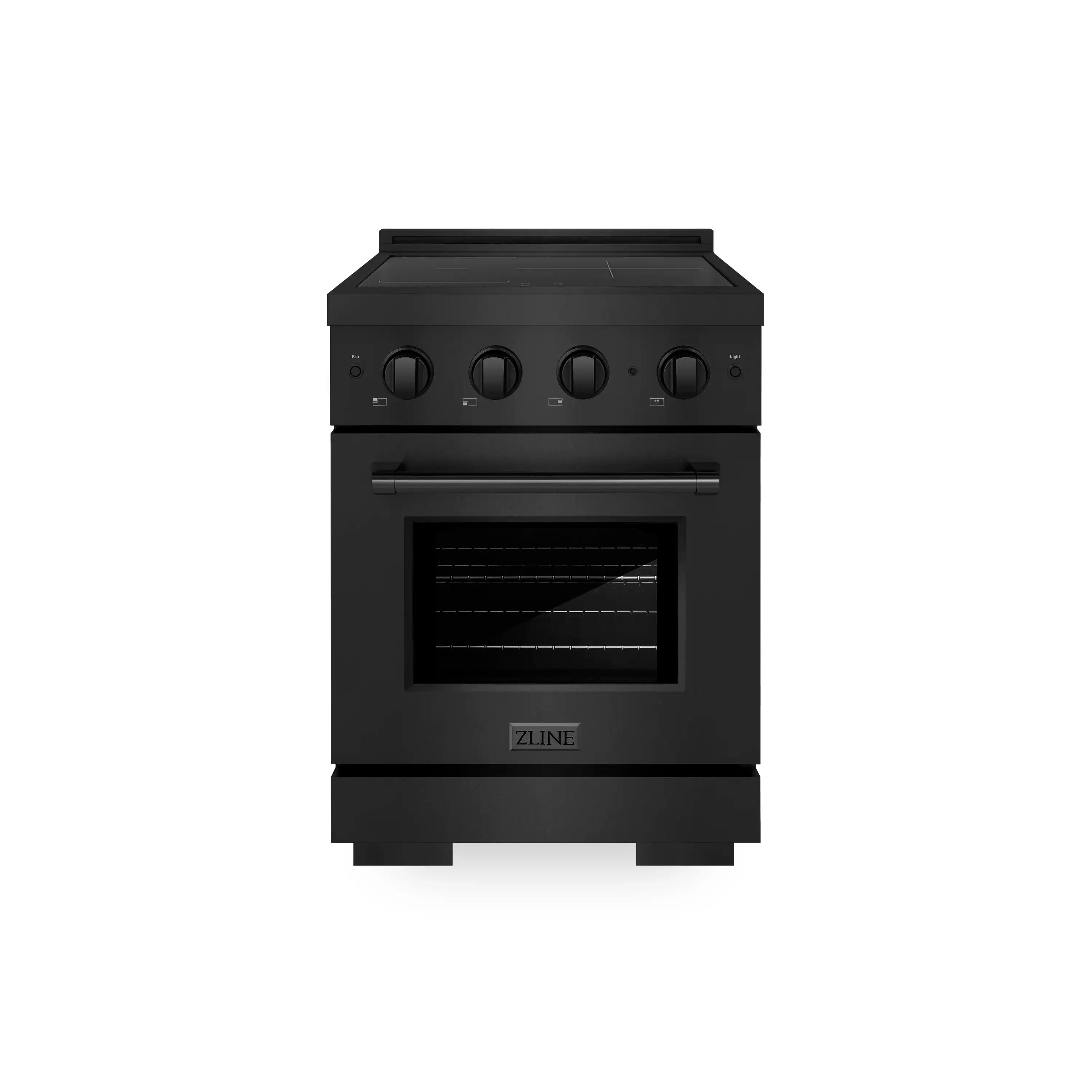 Black stainless induction range with closed oven door and front control knobs