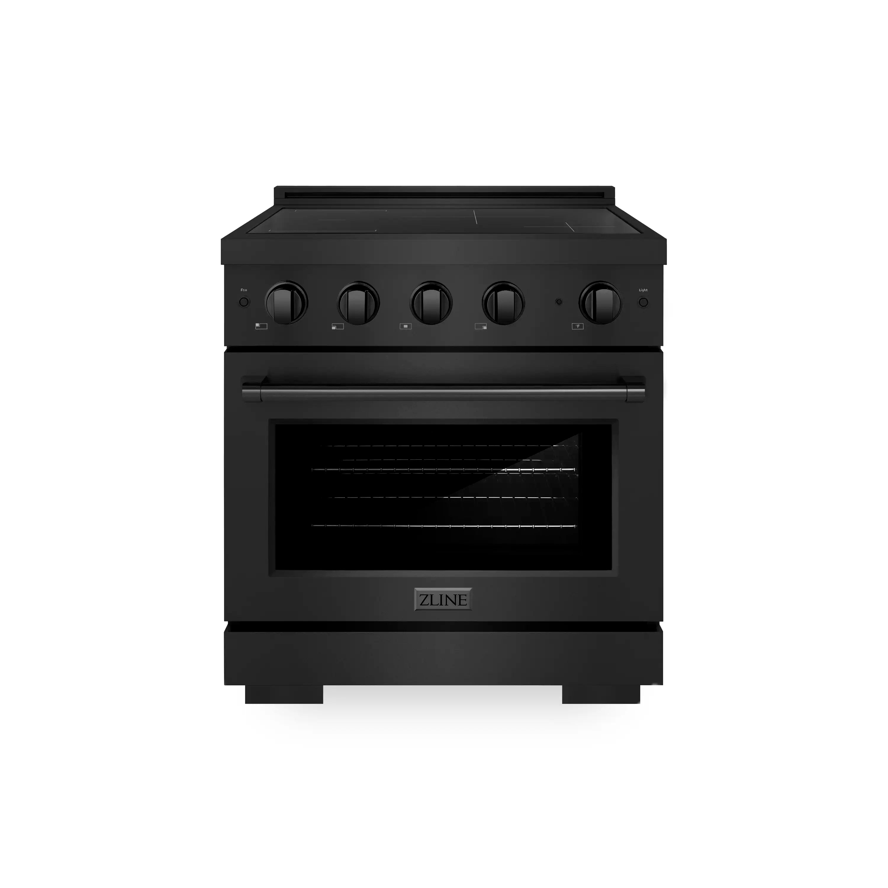ZLINE induction range front view with control knobs and black oven door