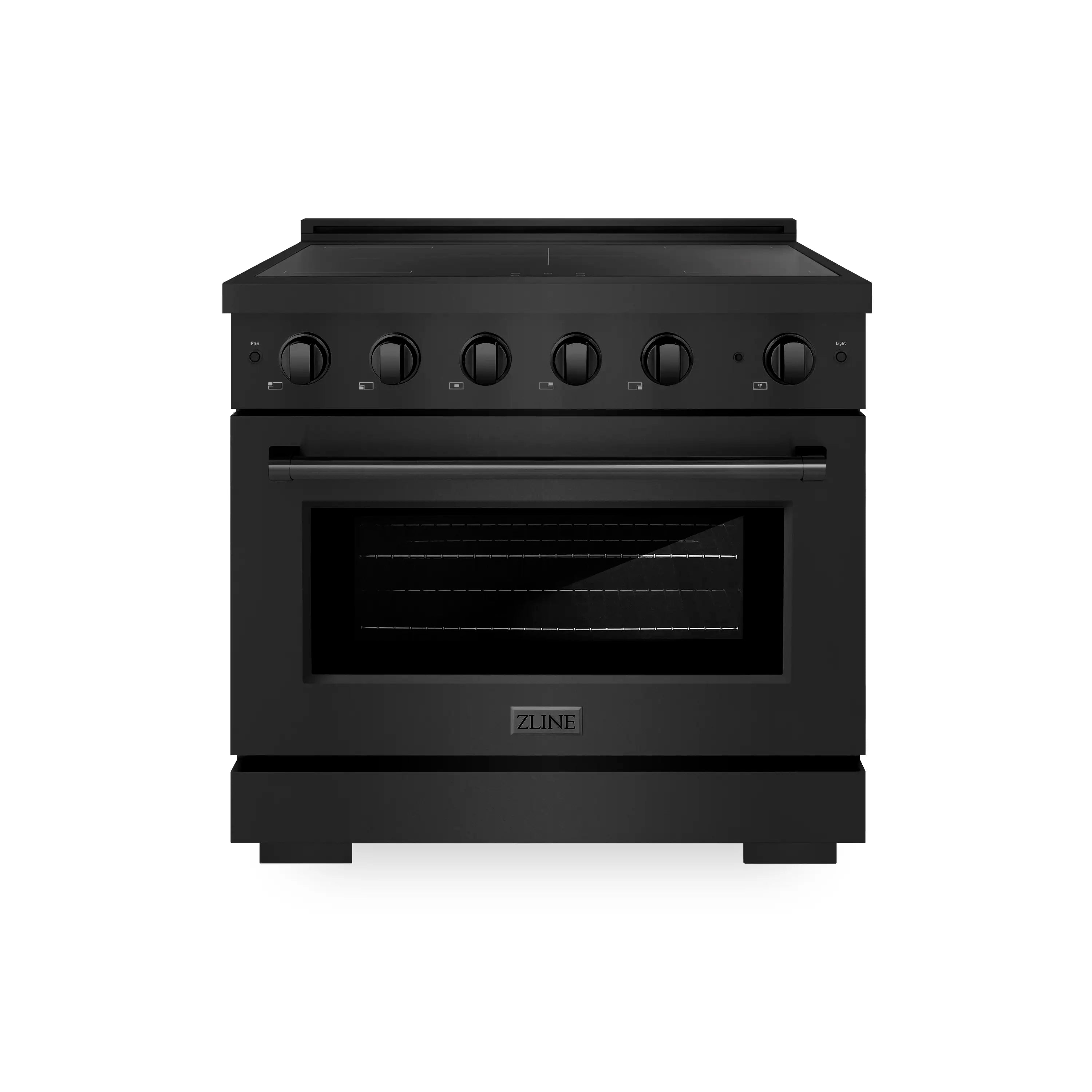 Black stainless induction range front view with cooktop control knobs