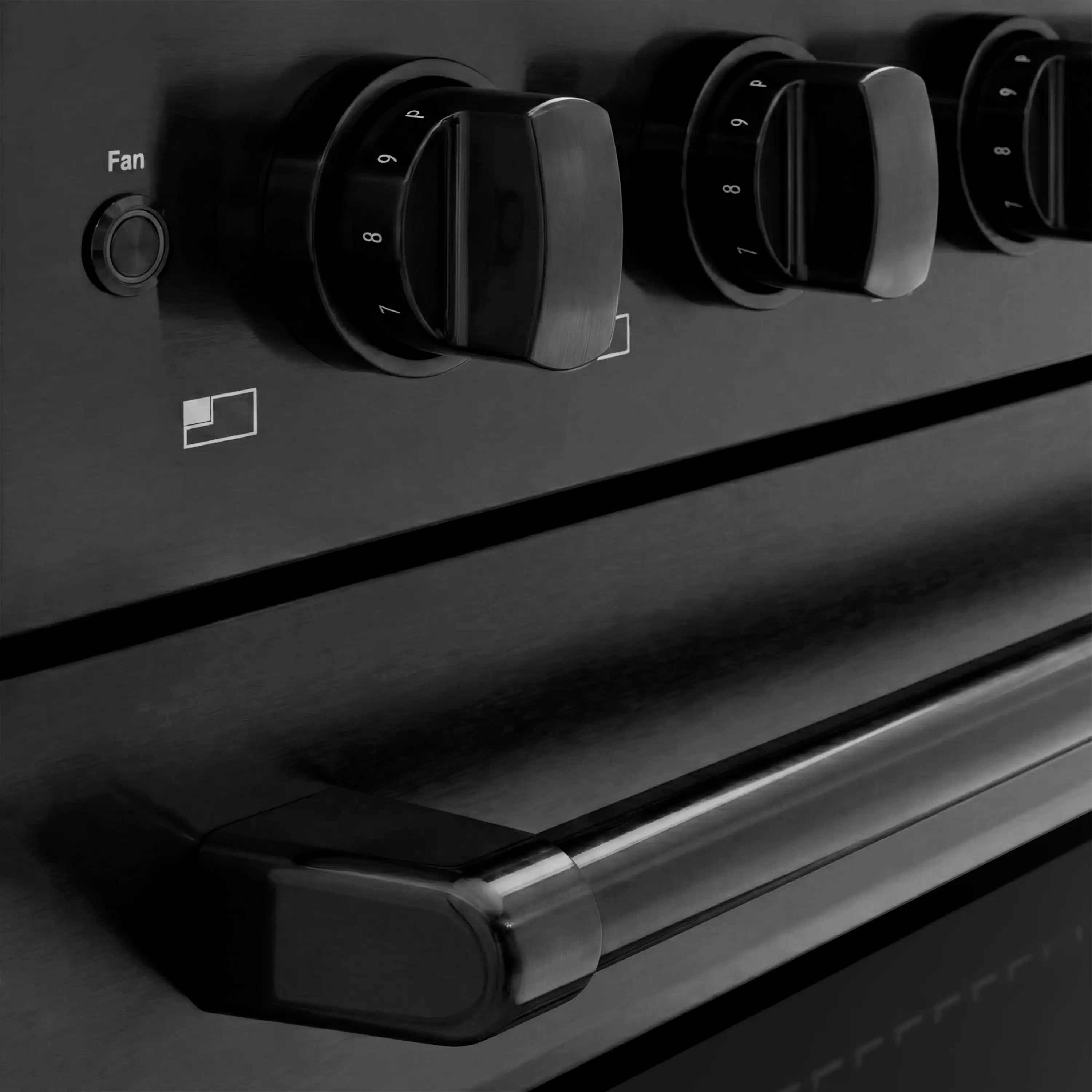 Black stainless induction range control knobs and fan switch panel