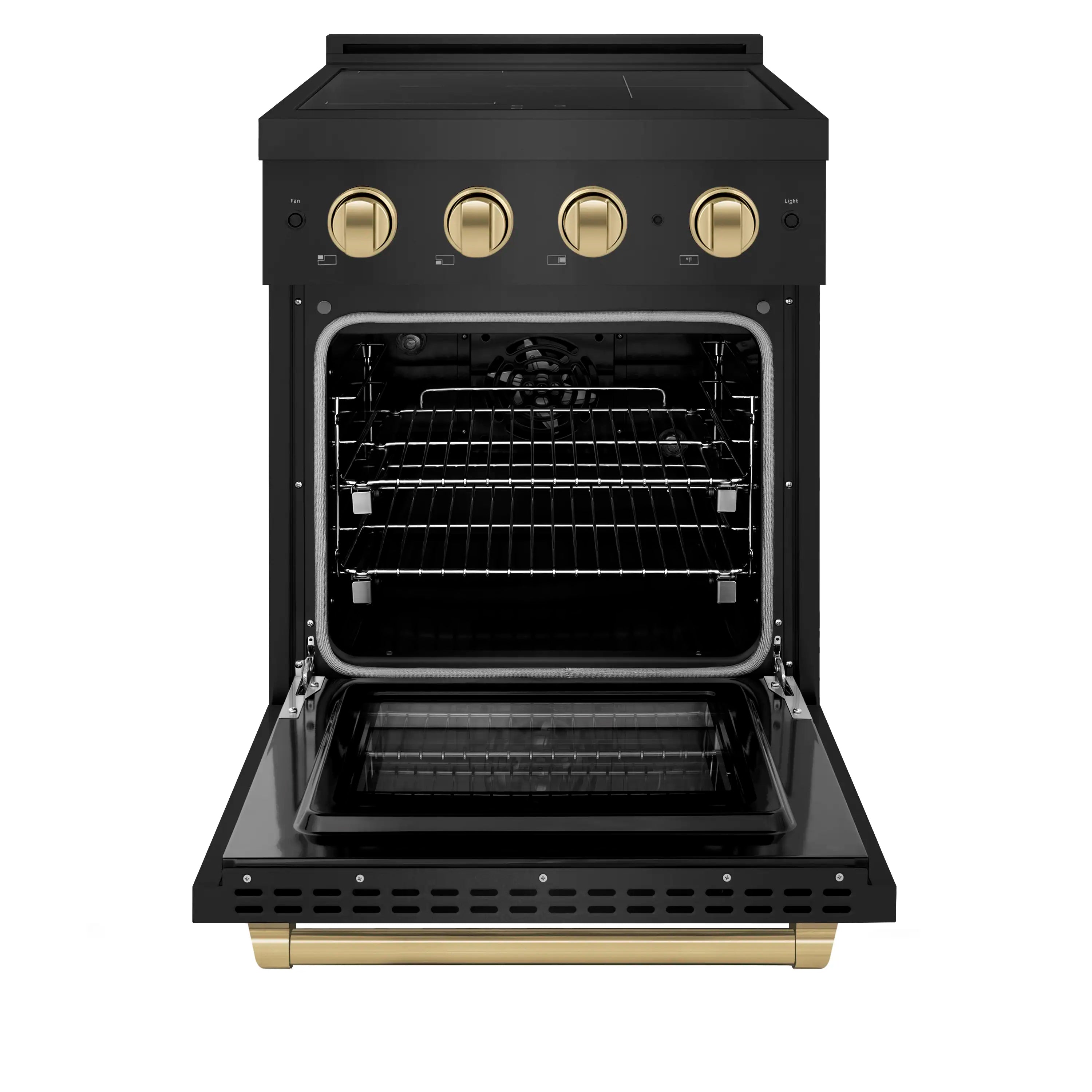 Black stainless induction range oven with wire racks and champagne bronze control knobs
