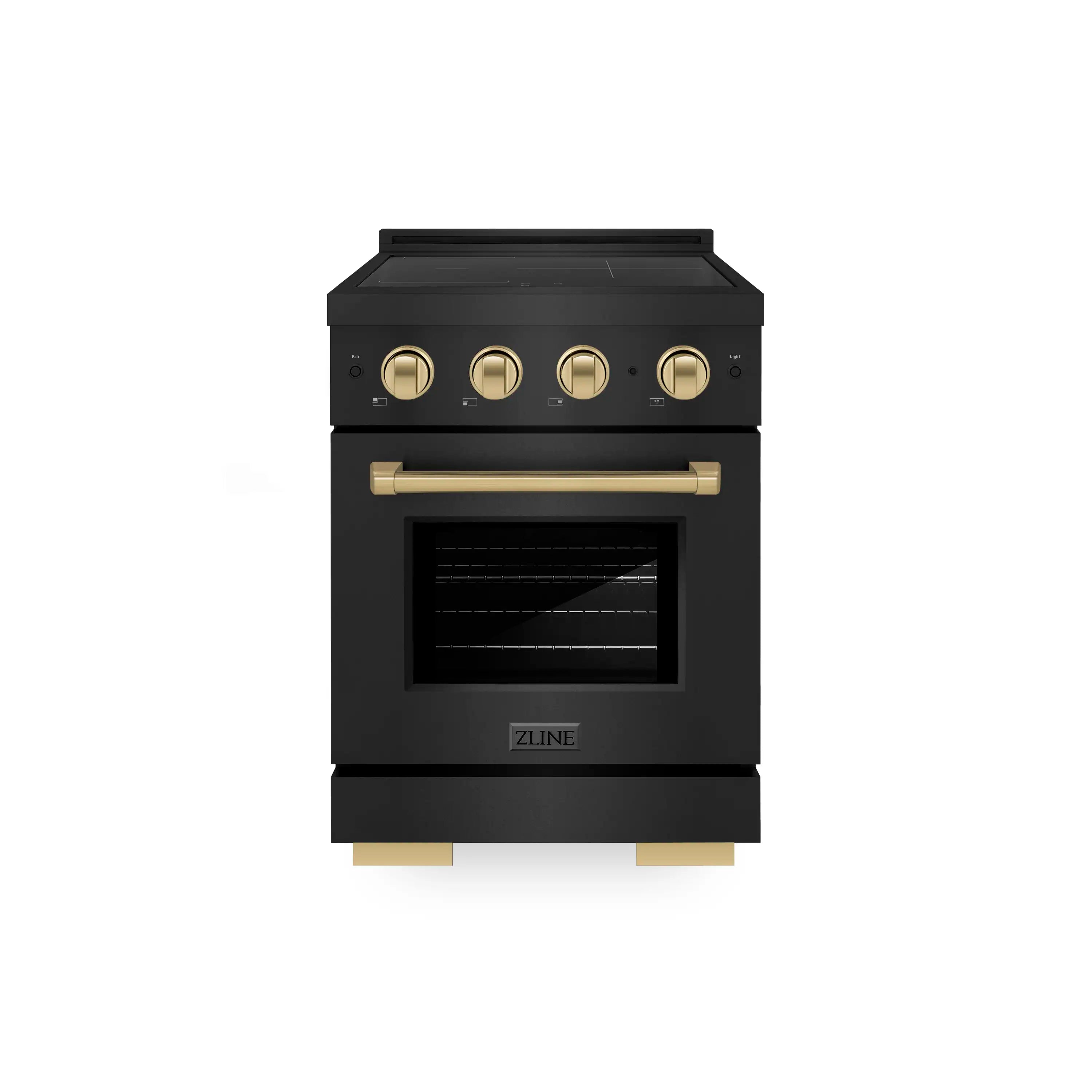 Black stainless induction range with champagne bronze knobs and oven window
