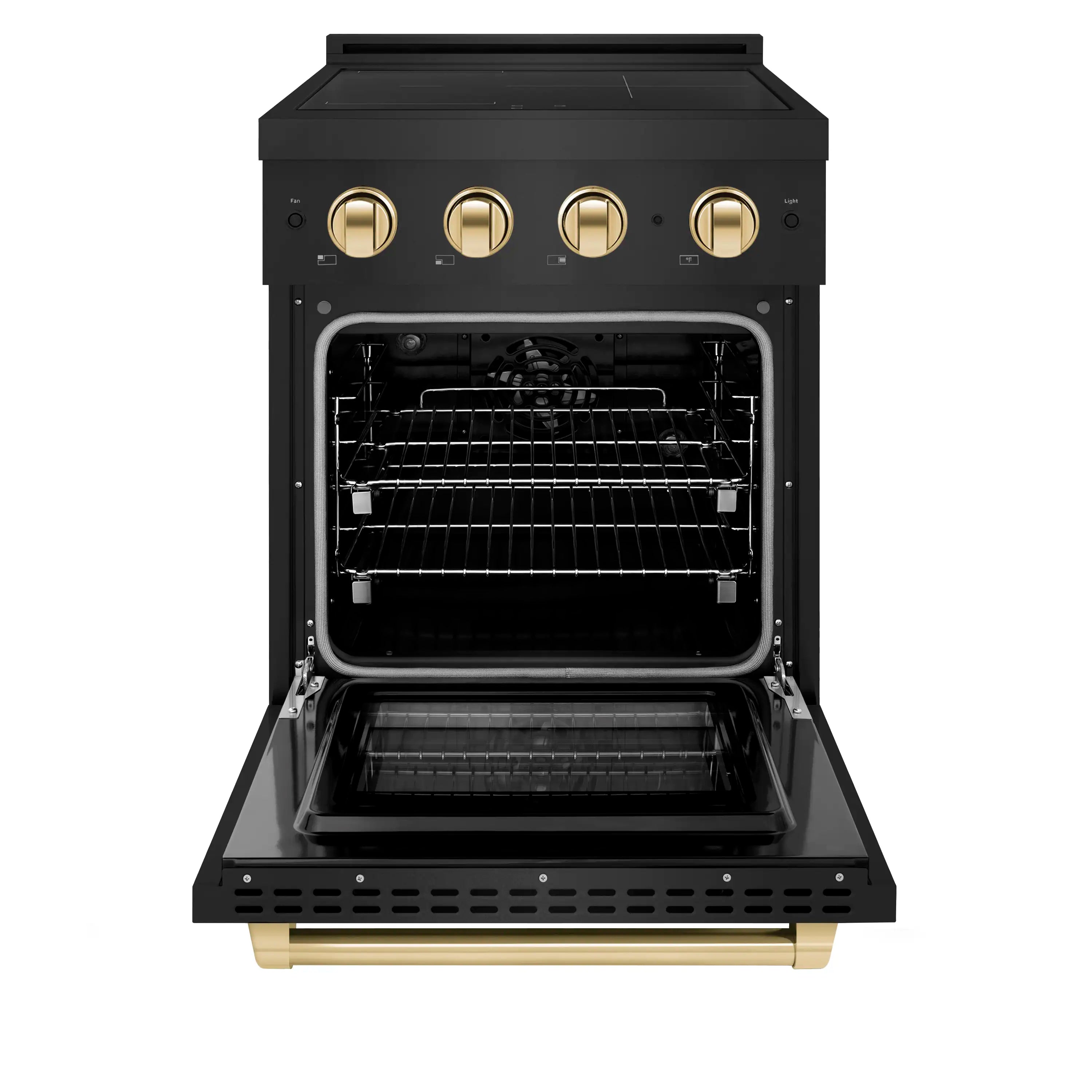 Black stainless electric convection oven with open door and wire bake rack