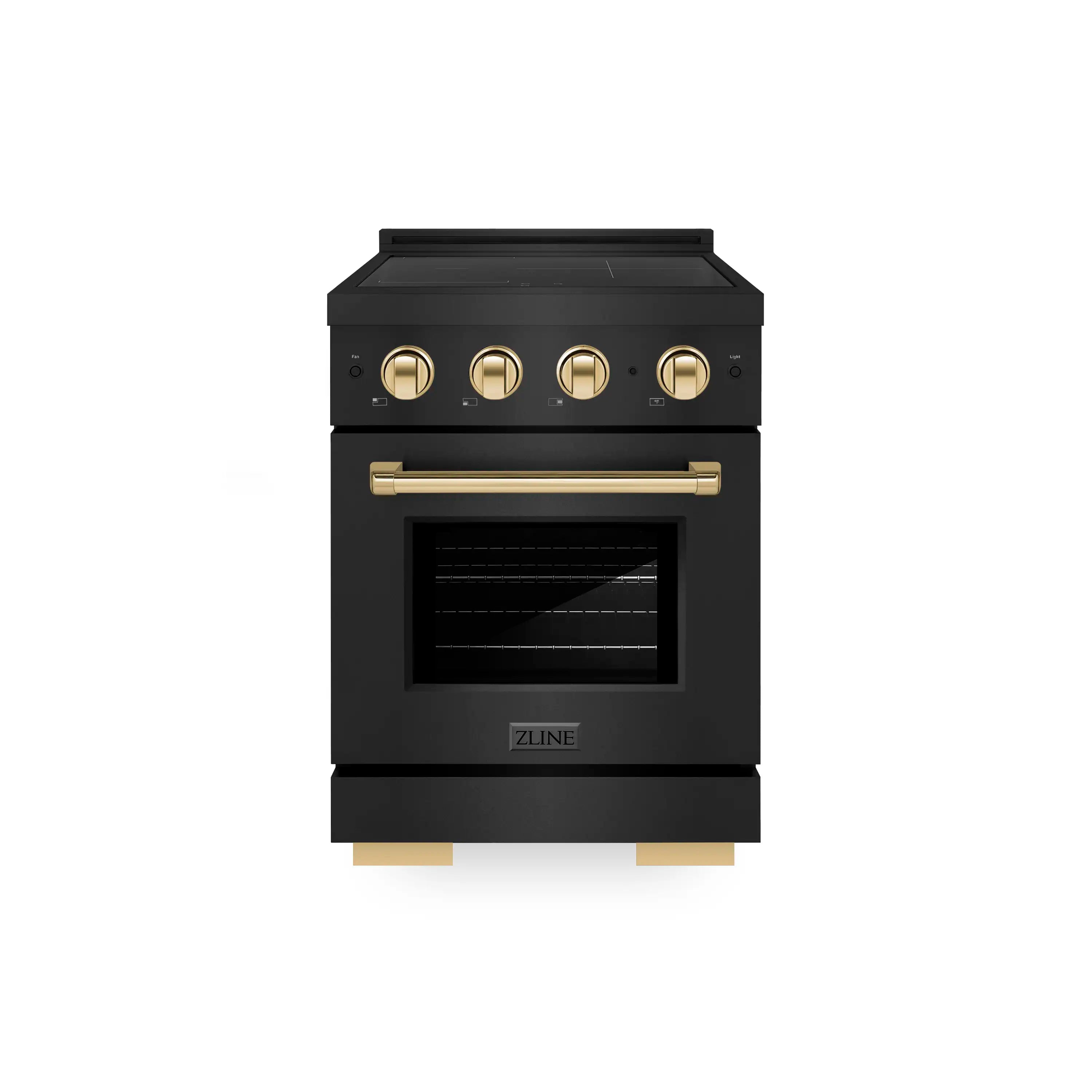 Black stainless induction range with gold control knobs and oven door window