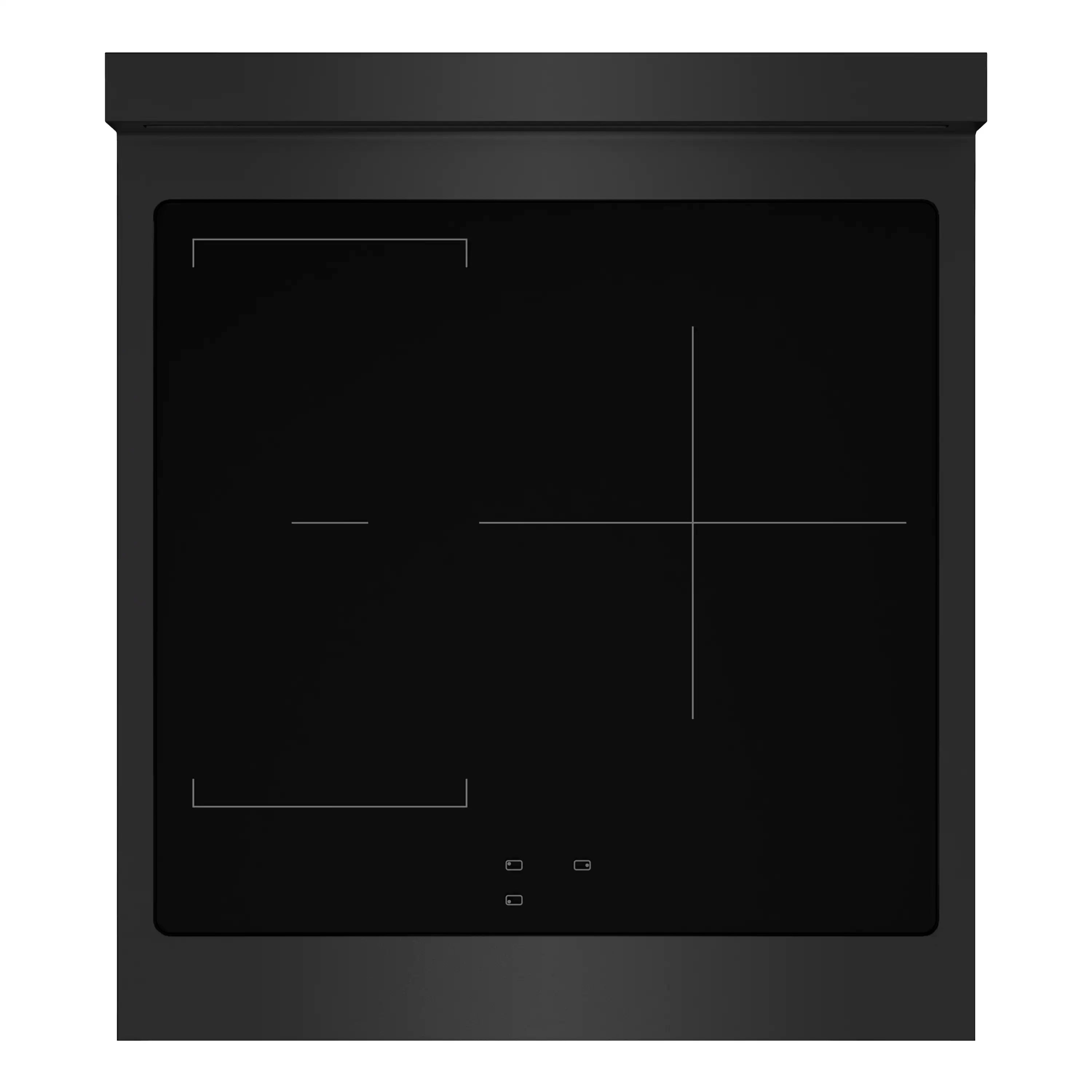Black stainless induction cooktop with matte glass panel and gold touch controls