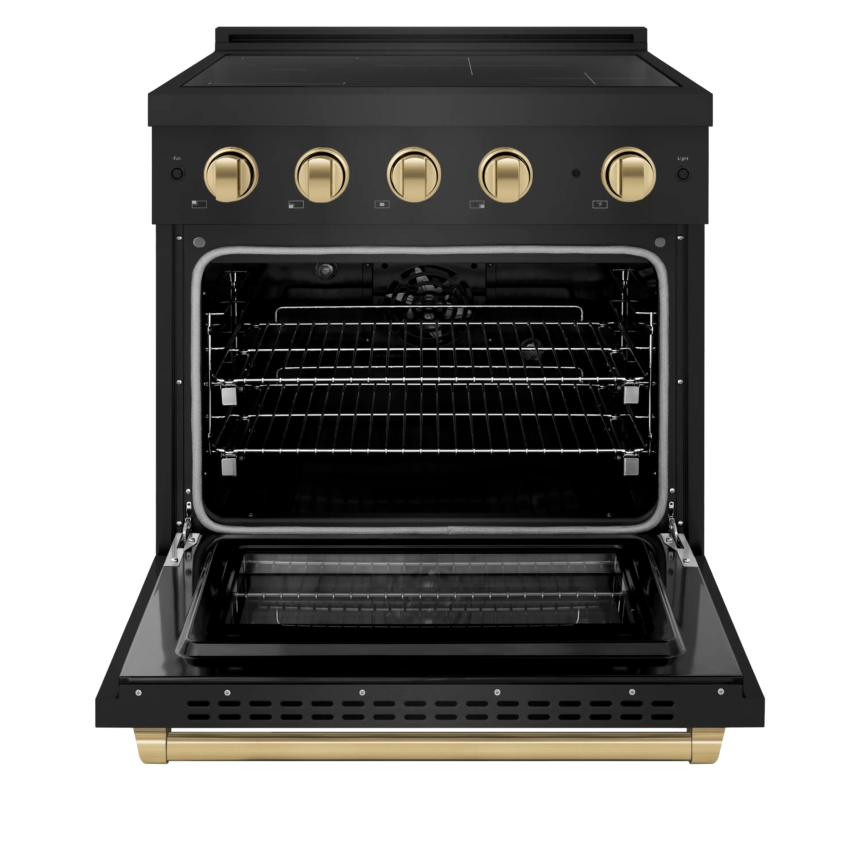 Black electric convection oven door open with wire rack and champagne bronze handle trim