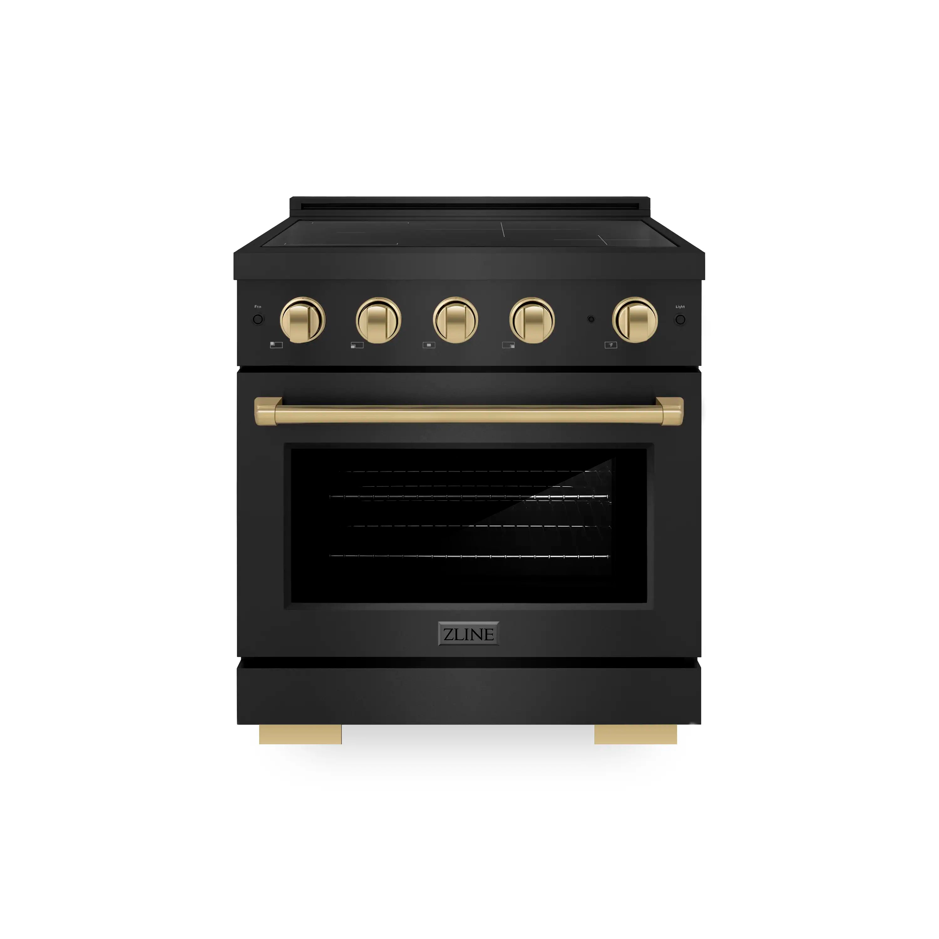 Black stainless induction range front view with champagne bronze knobs and handle trim