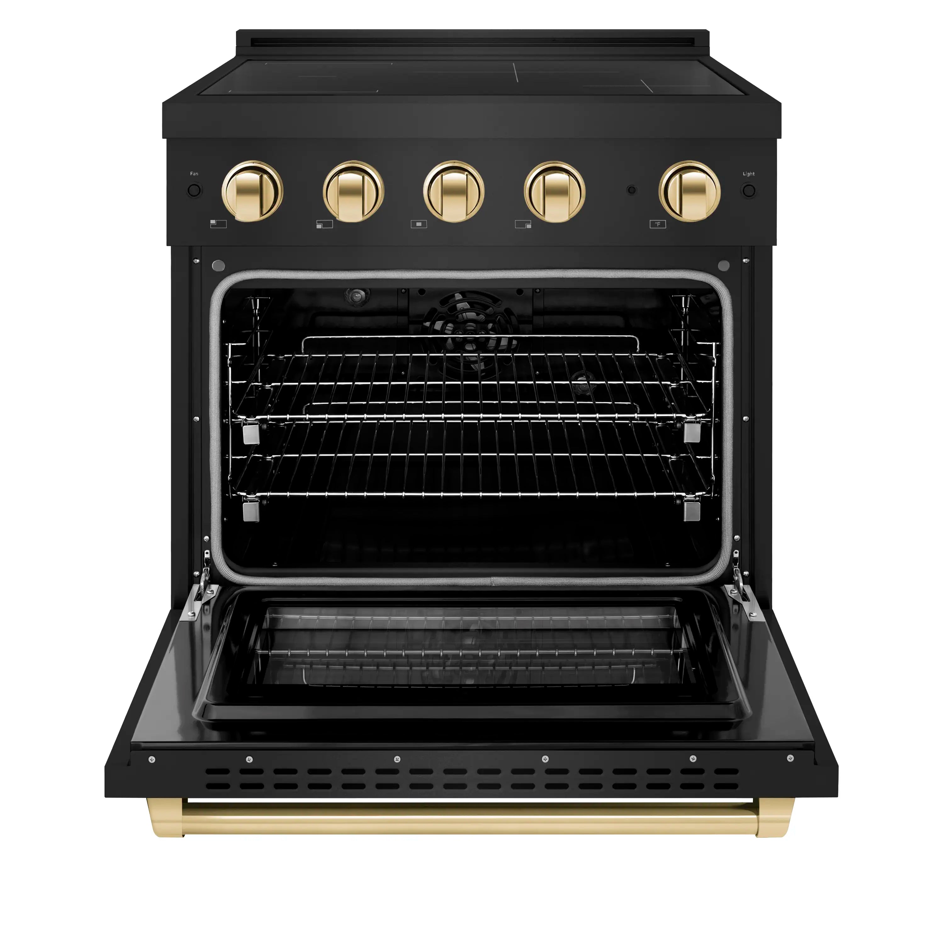 Electric convection oven with wire racks and open door, black with gold controls
