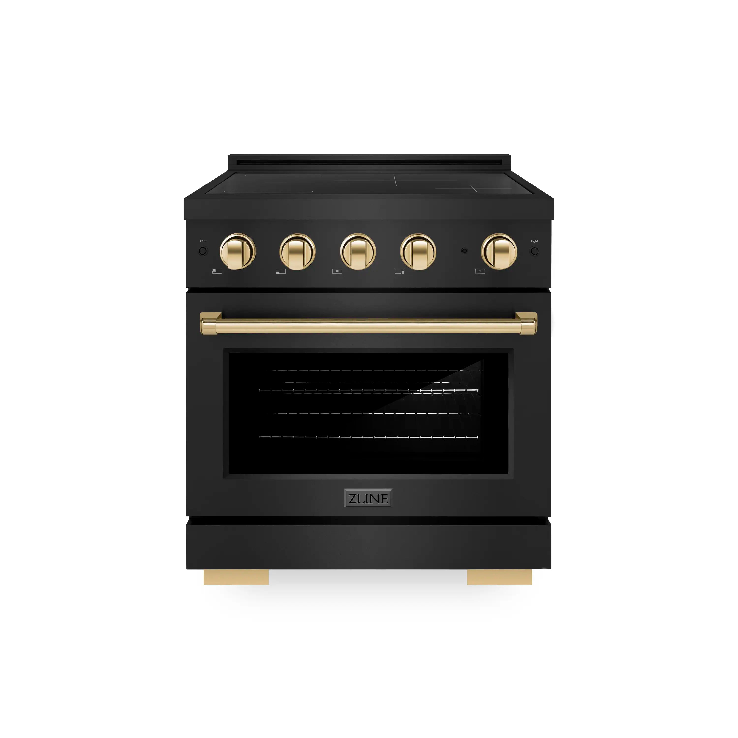 Black stainless induction range with electric convection oven, gold handle and control knobs
