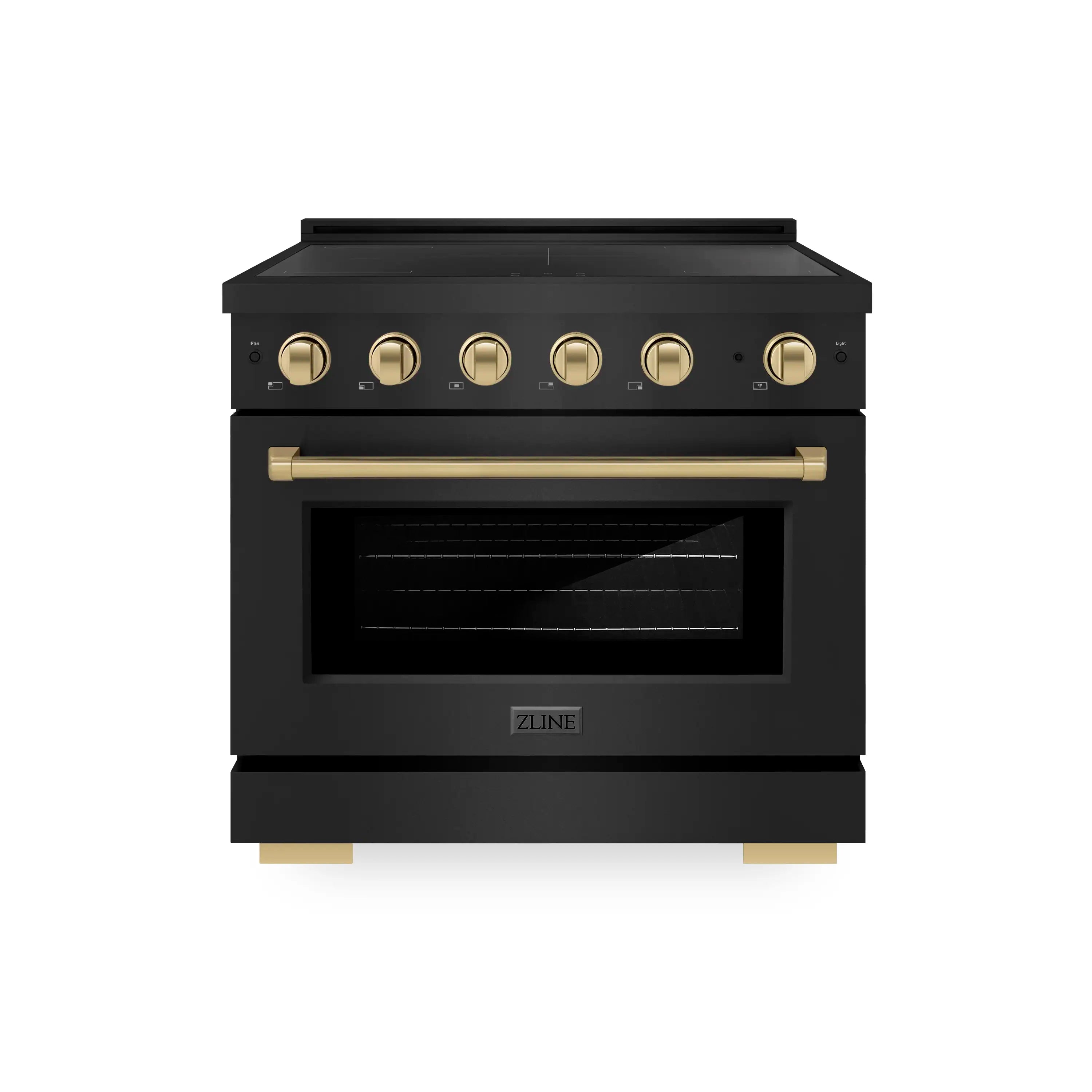 Black stainless electric convection range with champagne bronze control knobs and oven door