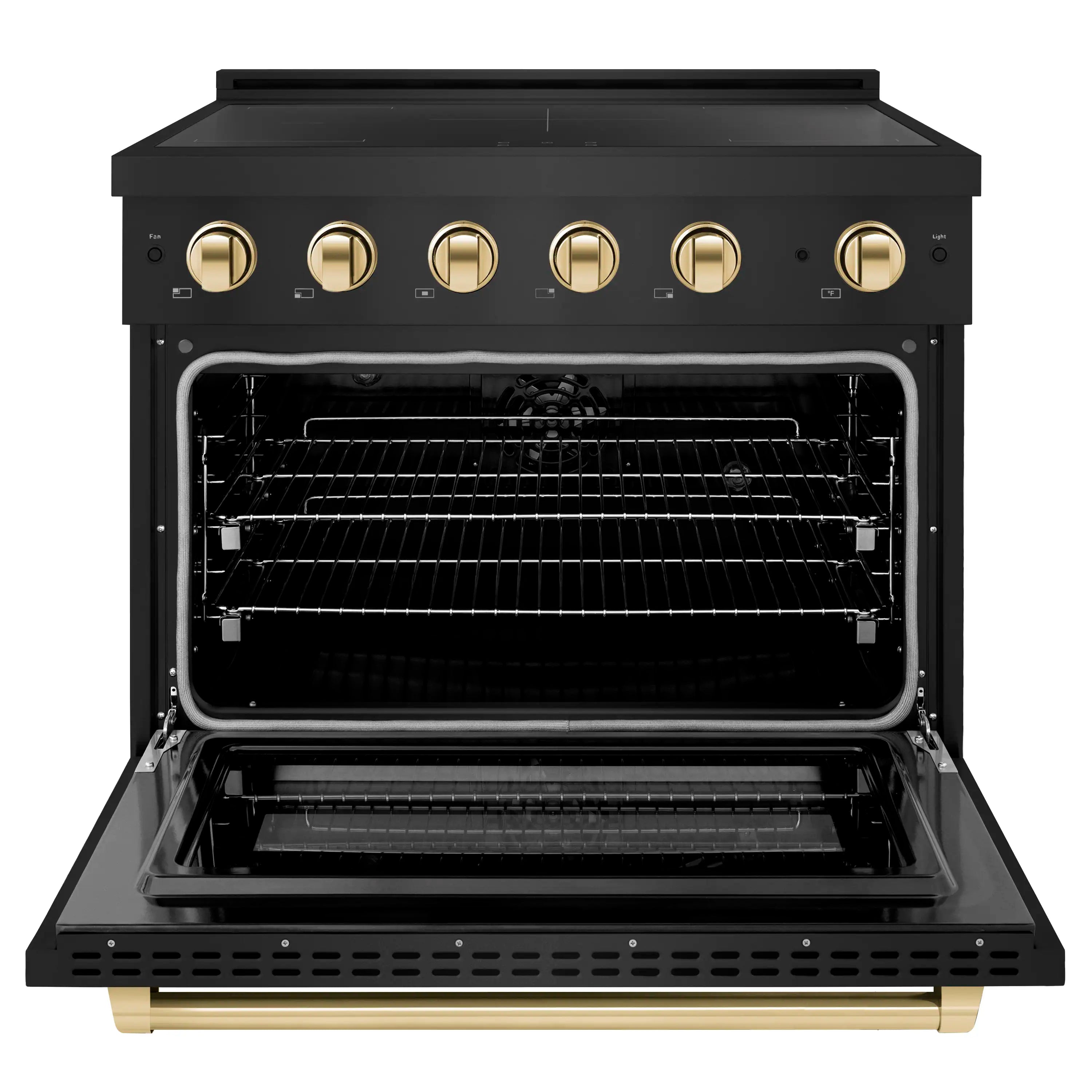 Black stainless convection oven with door open and polished gold knob controls