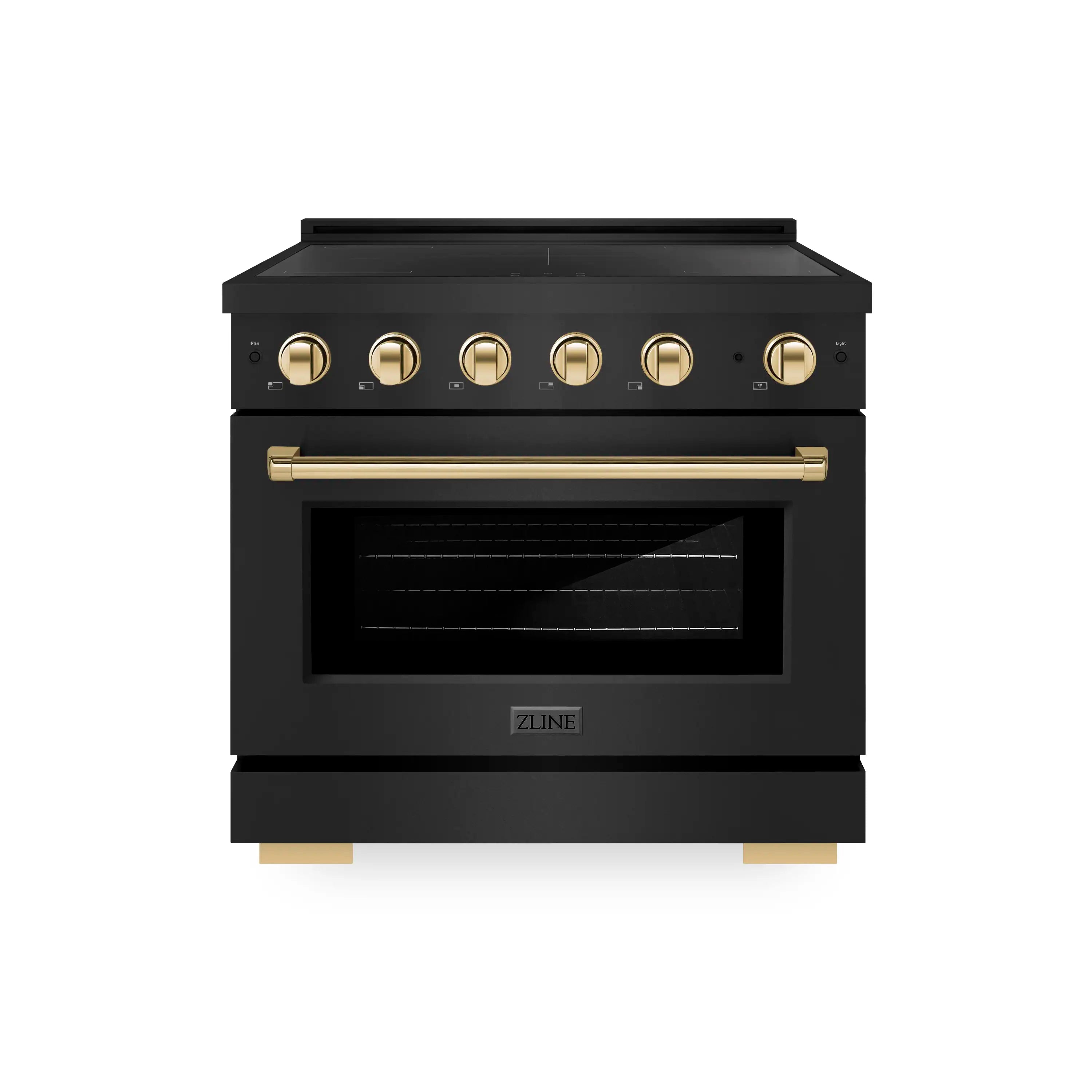 Black stainless induction range with electric oven and polished gold knob controls