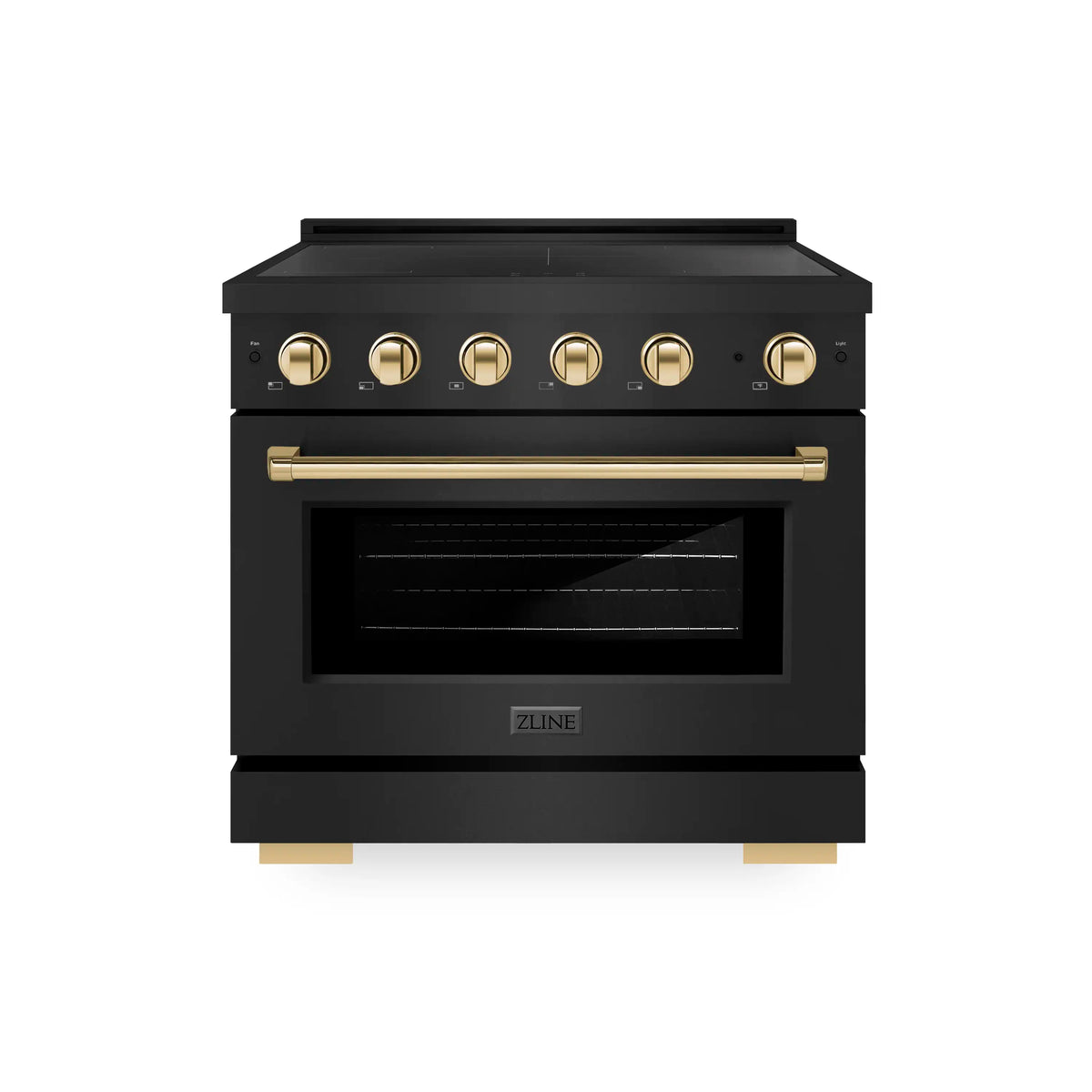 ZLINE 4-Piece Appliance Package - 36-Inch Autograph Edition Induction Range, Wall Mount Range Hood, 36-Inch French Door Refrigerator, and Dishwasher in Black Stainless Steel with Gold Trim