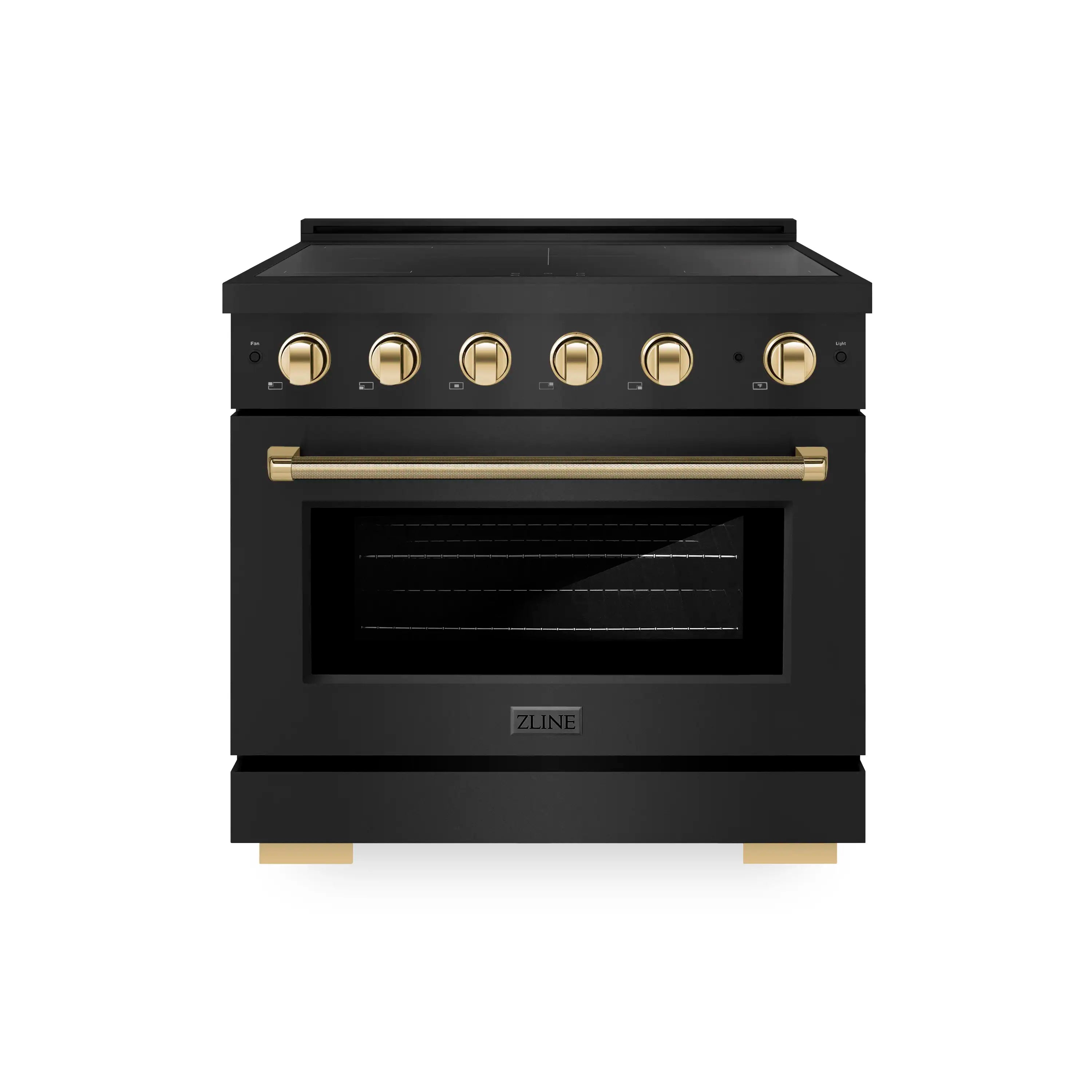Black stainless induction range with gold control knobs and oven window