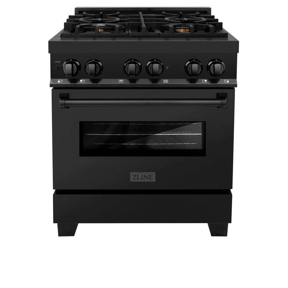 Black dual fuel range front view with four gas burners and oven door