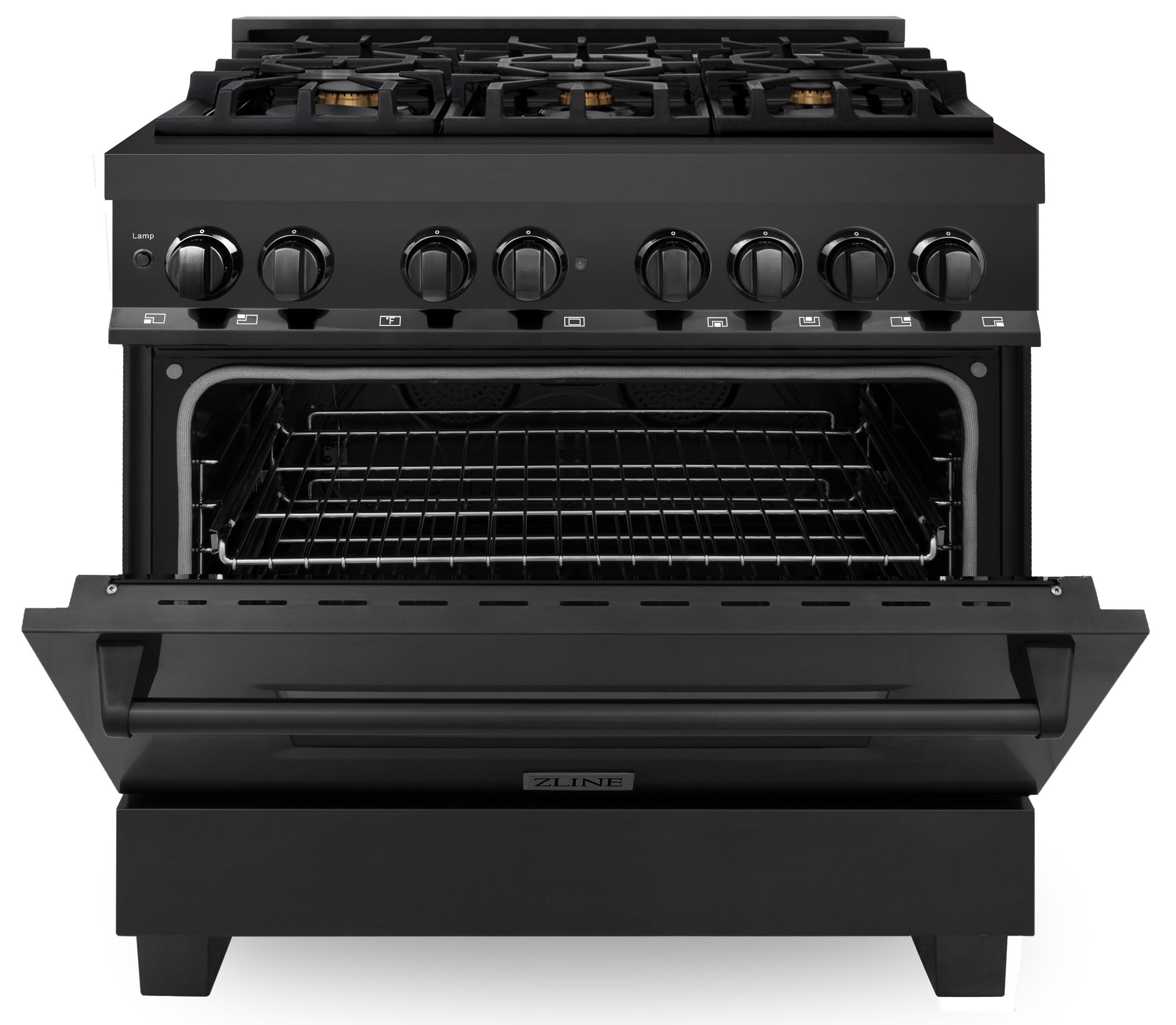 Black dual-fuel range front view with open oven door and visible racks