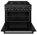 ZLINE 4-Piece Appliance Package - 36-Inch Dual Fuel Range with Brass Burners, Refrigerator, Microwave Drawer, and 3-Rack Dishwasher in Black Stainless Steel