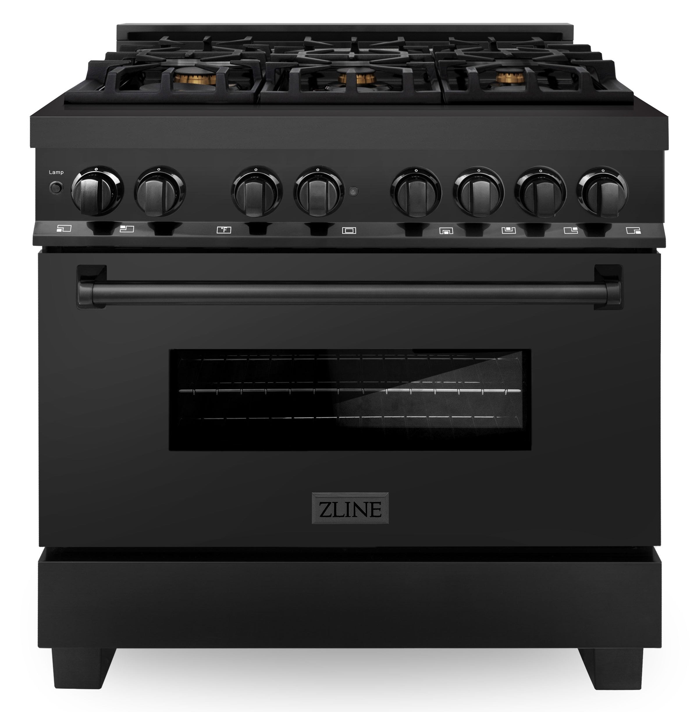 Black dual-fuel range with brass burner caps and control knobs, oven door closed