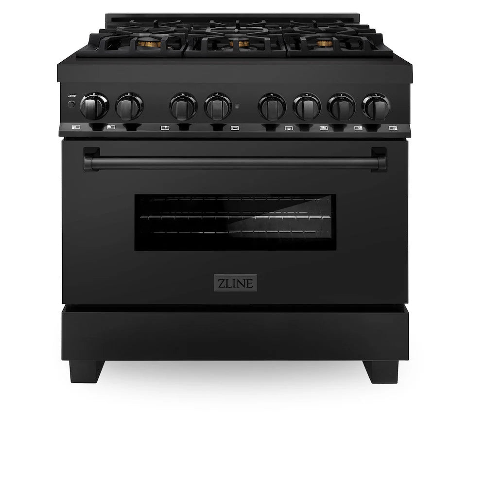 Black gas range with 6 burners, brass accents, and oven door with ZLINE logo
