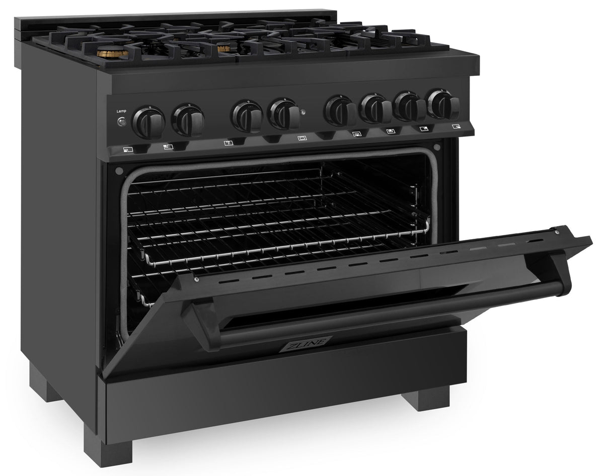 Black dual-fuel range with open oven door and interior racks visible
