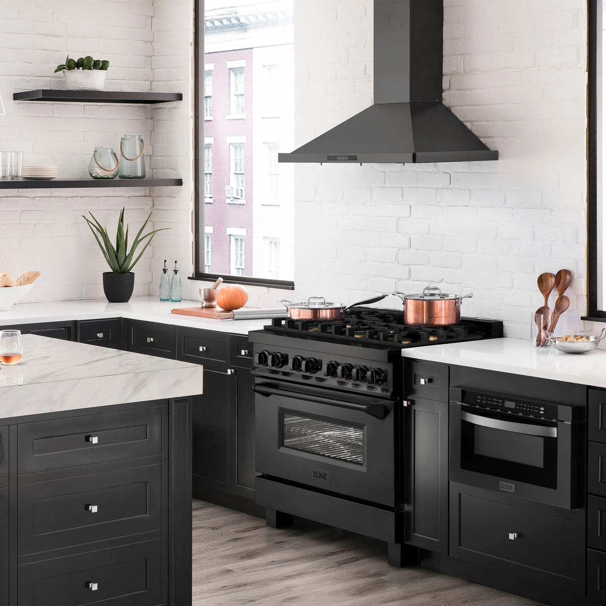 ZLINE 4-Piece Appliance Package - 36-inch Gas Range, Microwave Drawer, 3-Rack Dishwasher, & Convertible Wall Mount Range Hood in Black Stainless Steel (4KP-SGRBRH36-MWDWV)
