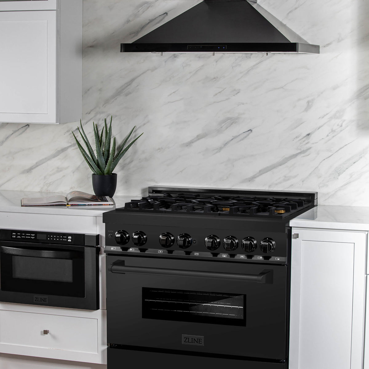 Black dual-fuel range in kitchen view with brass gas burners and control panel