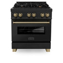 ZLINE 5-Piece Appliance Package - 30-Inch Legacy Dual Fuel Range, Wall Mount Range Hood, 36-Inch French Door Refrigerator, Dishwasher, and 30-Inch Microwave Drawer in Black Stainless Steel with Champagne Bronze Accents