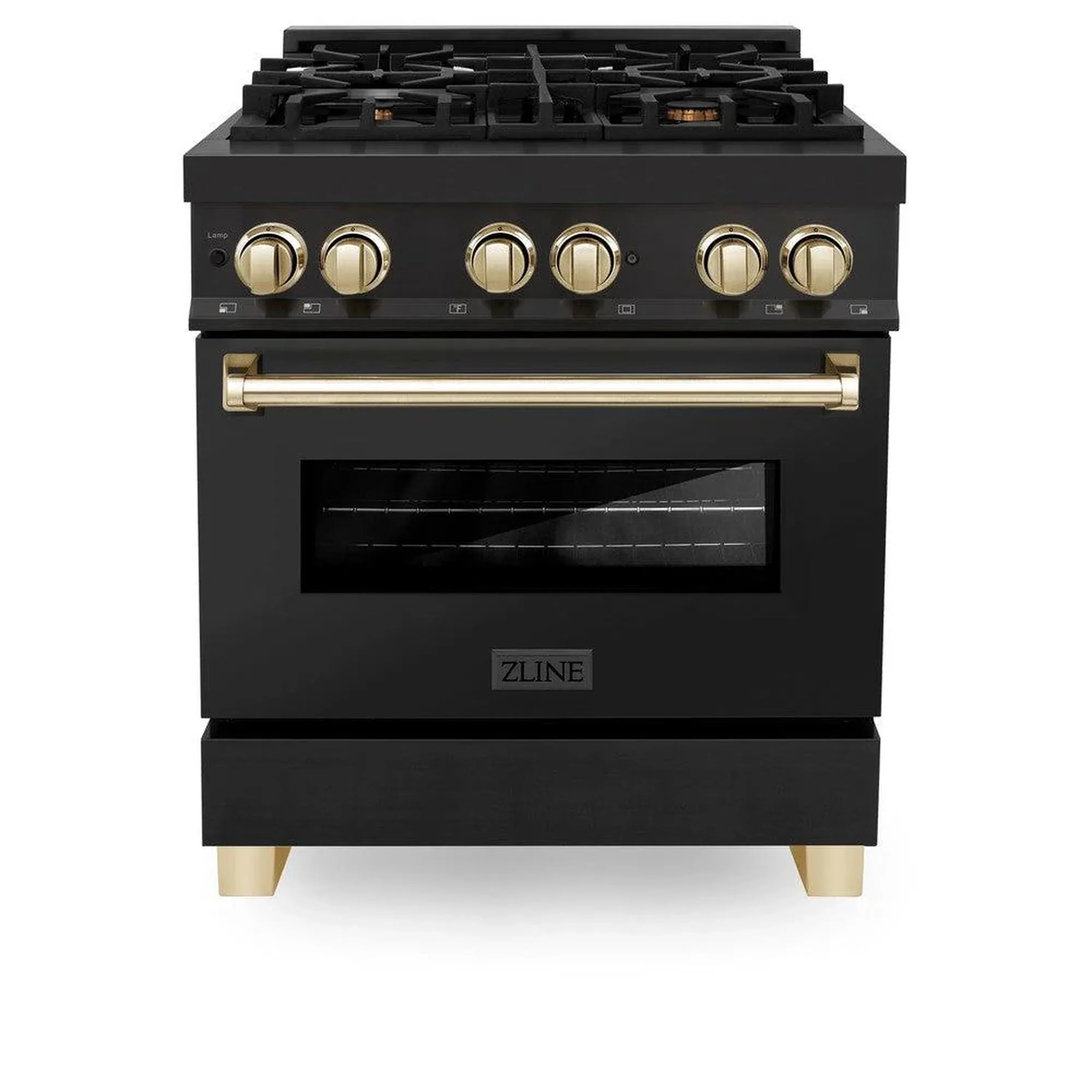Black dual fuel range with gold control knobs and a large window oven door