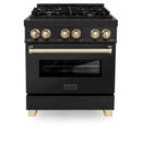 ZLINE 4-Piece Appliance Package - 30-Inch Legacy Dual Fuel Range, Wall Mount Range Hood, 36-Inch French Door Refrigerator, Dishwasher, in Black Stainless Steel with Gold Accents