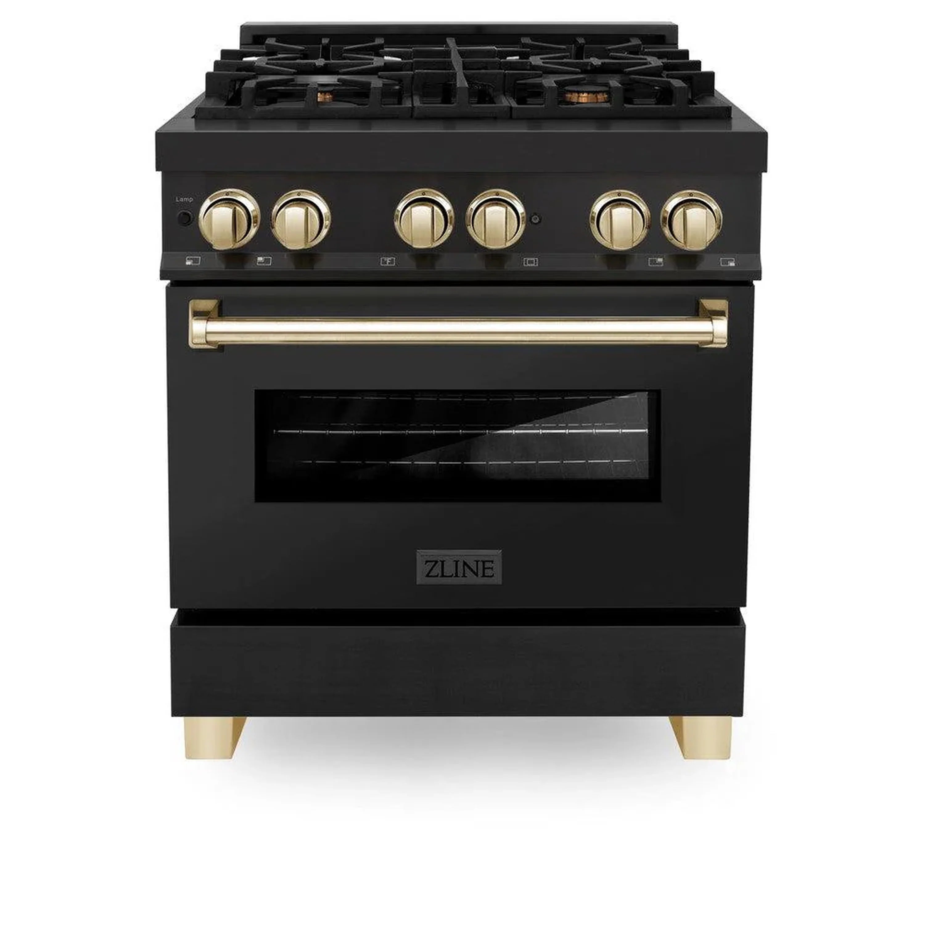 Black dual fuel range with four gas burners, gold knobs, and glass oven window