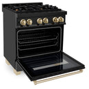 ZLINE 3-Piece Appliance Package - 30-Inch Legacy Dual Fuel Range, 36-Inch French Door Refrigerator, Dishwasher, in Black Stainless Steel with Gold Accents