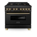 ZLINE 5-Piece Appliance Package - 36-Inch Legacy Dual Fuel Range, Wall Mount Range Hood, 36-Inch French Door Refrigerator, Dishwasher, and 30-Inch Microwave Drawer in Black Stainless Steel with Champagne Bronze Accents