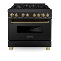 ZLINE Legacy Series Autograph Edition 36-inch Dual Fuel Range with 6 Gas Burner Stove and 4.6 Cu. Ft. Electric Oven in Black Stainless Steel with Champagne Bronze Accents (RABZ-36-CB)