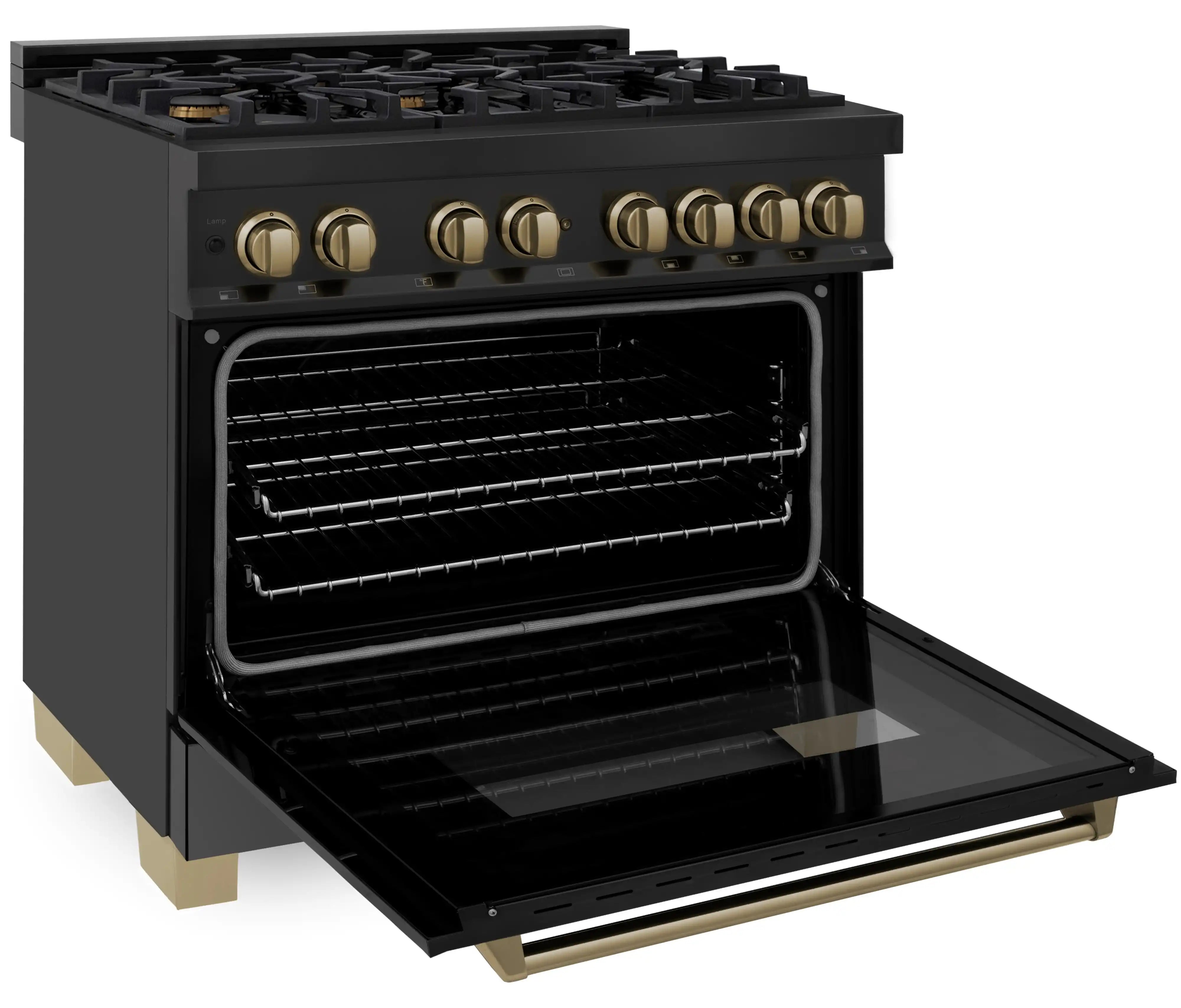 Black dual fuel range with open oven door, champagne bronze control panel