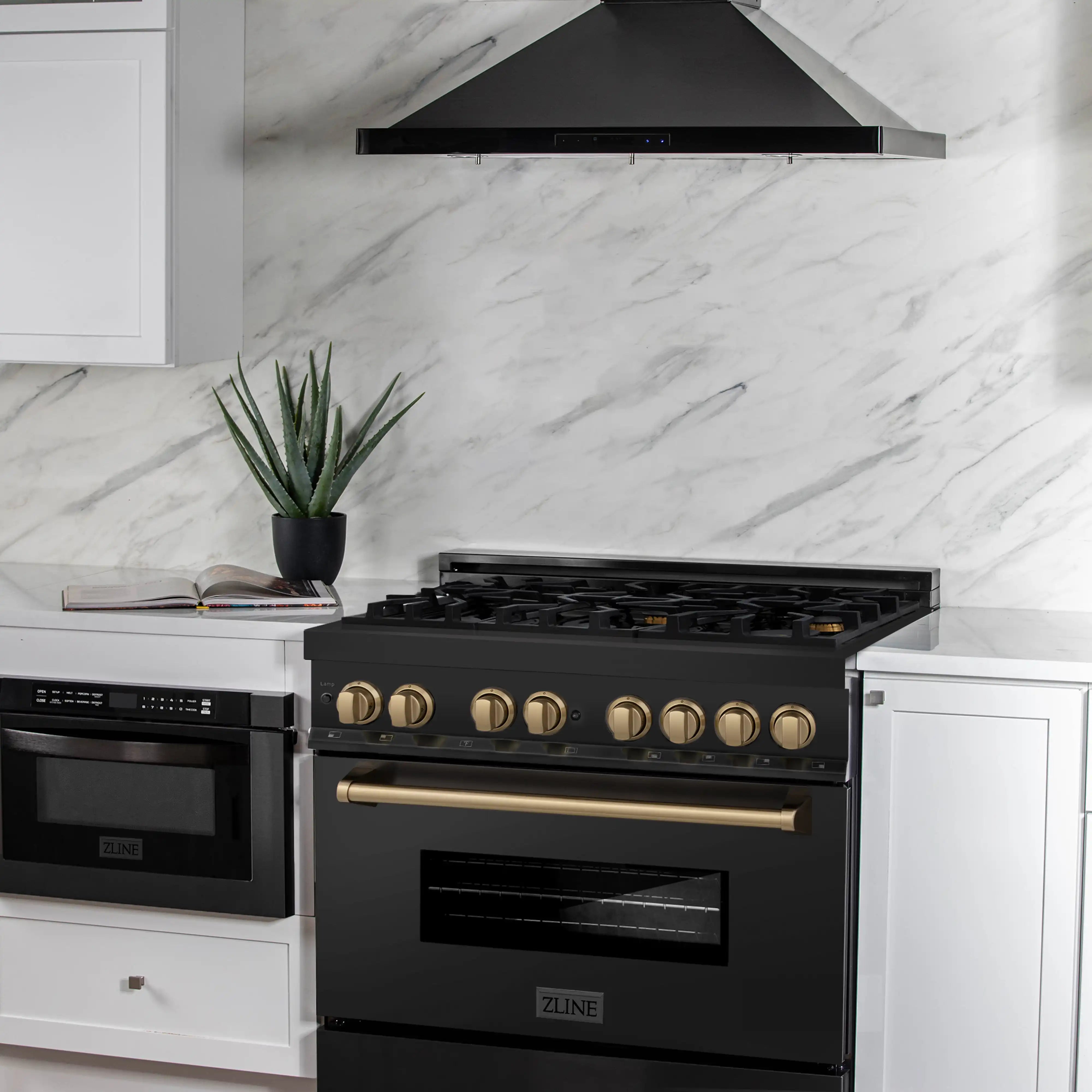 Black dual fuel range with 6-burner cooktop and champagne bronze accents