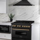 ZLINE 4-Piece Appliance Package - 36-Inch Legacy Dual Fuel Range, Wall Mount Range Hood, 36-Inch French Door Refrigerator, Dishwasher, in Black Stainless Steel with Champagne Bronze Accents