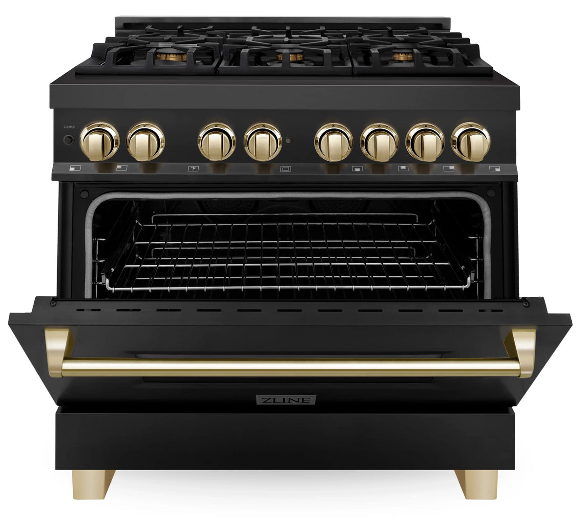 Black dual fuel range with gold control knobs, open oven door and storage drawer